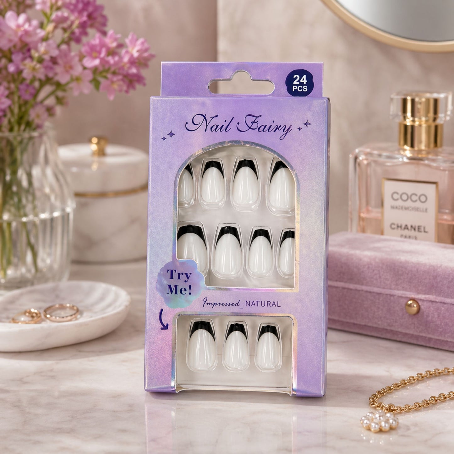 24 PCS Nail Fairy French Tip Press On Artificial Nails Set size and feature image