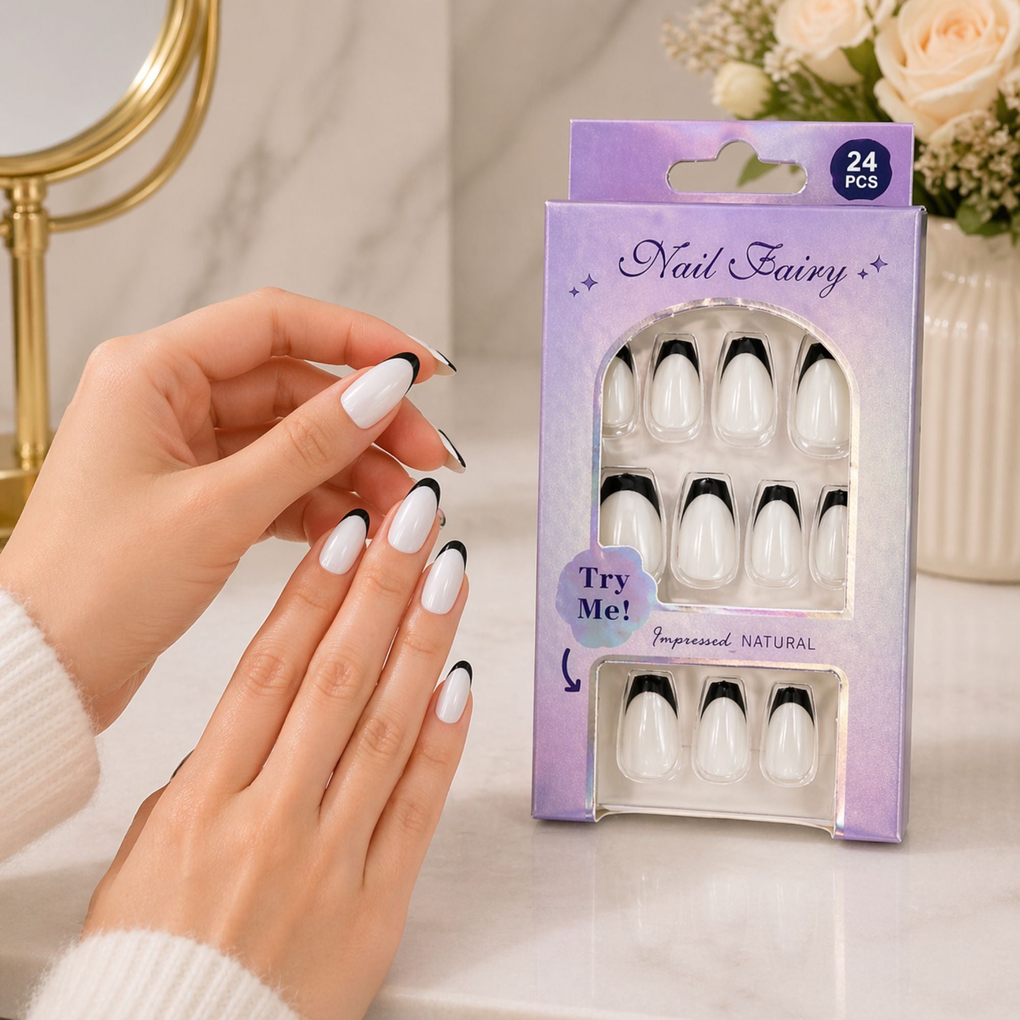 24 PCS Nail Fairy French Tip Press On Artificial Nails Set lifestyle use image