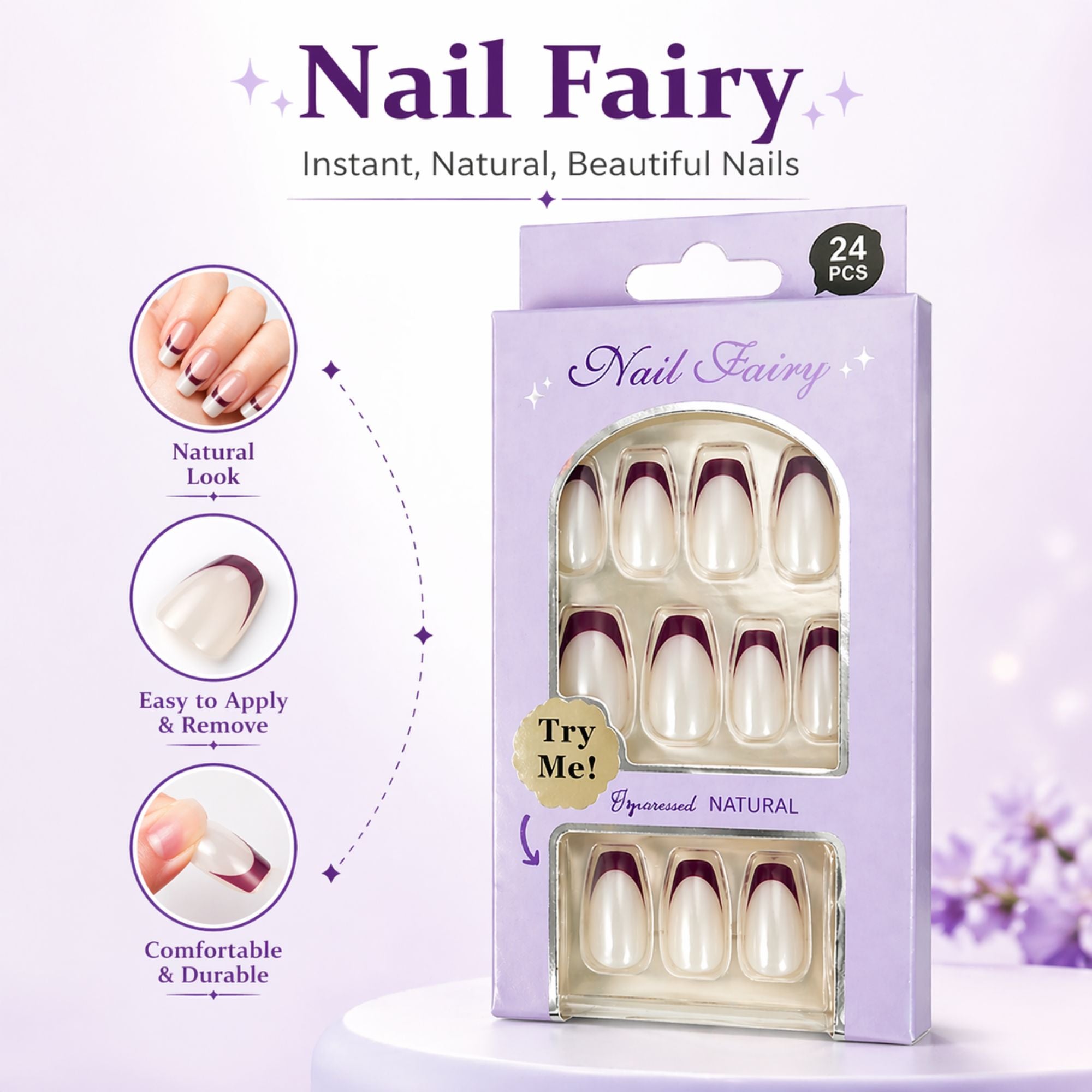 24 PCS Nail Fairy French Tip Press On Artificial Nails Set product detail image