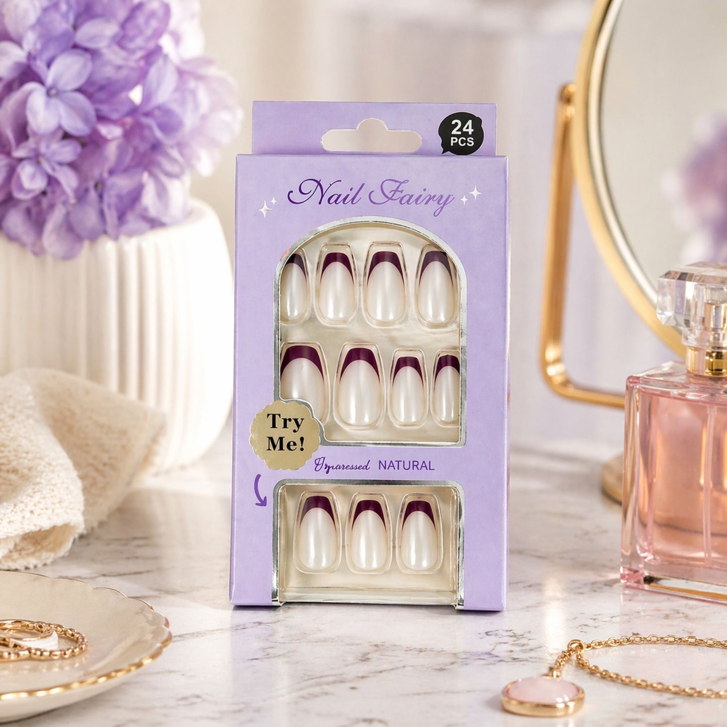 24 PCS Nail Fairy French Tip Press On Artificial Nails Set size and feature image