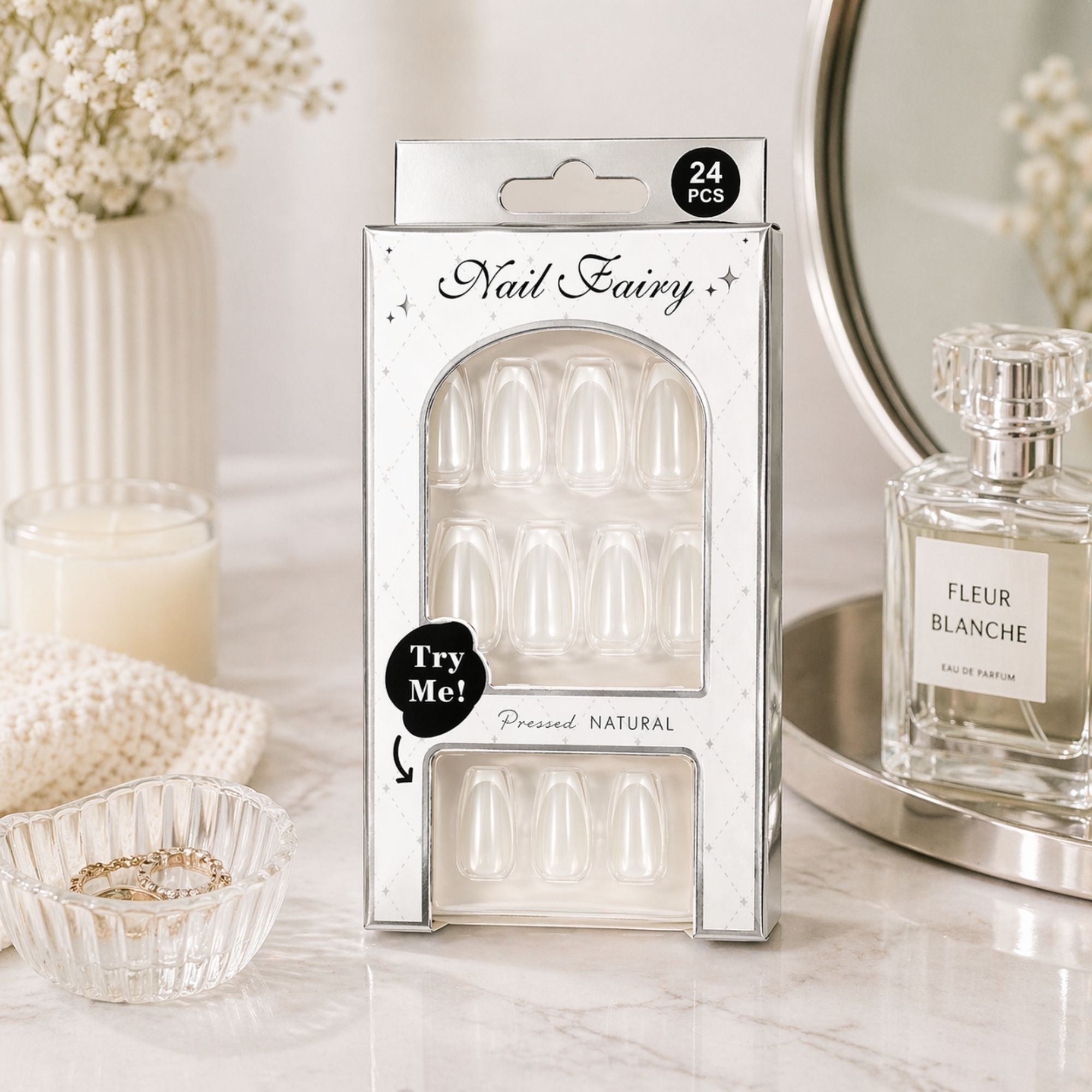 24 PCS Nail Fairy Natural Press On Artificial Nails Set size and feature image