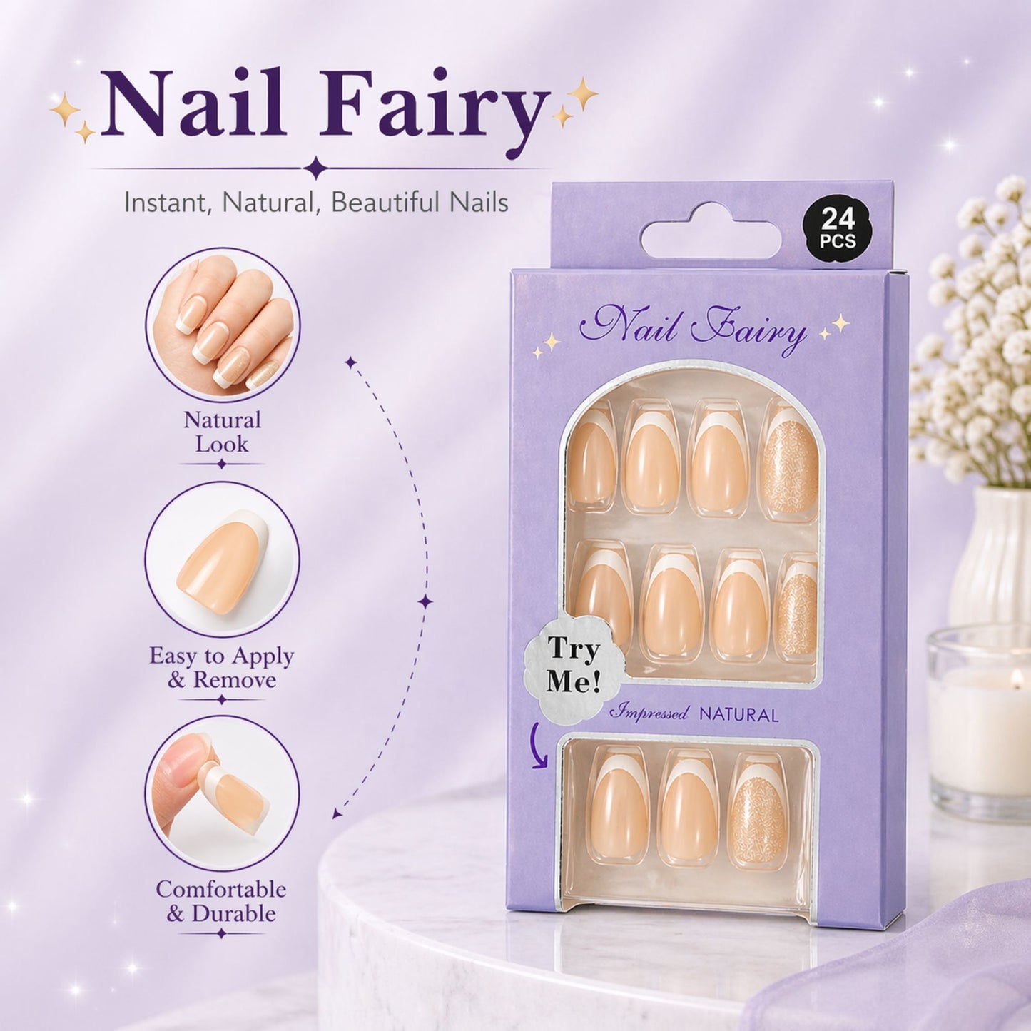 Nail Fairy 24 PCS Nude French Tip Press On Artificial Nails Set