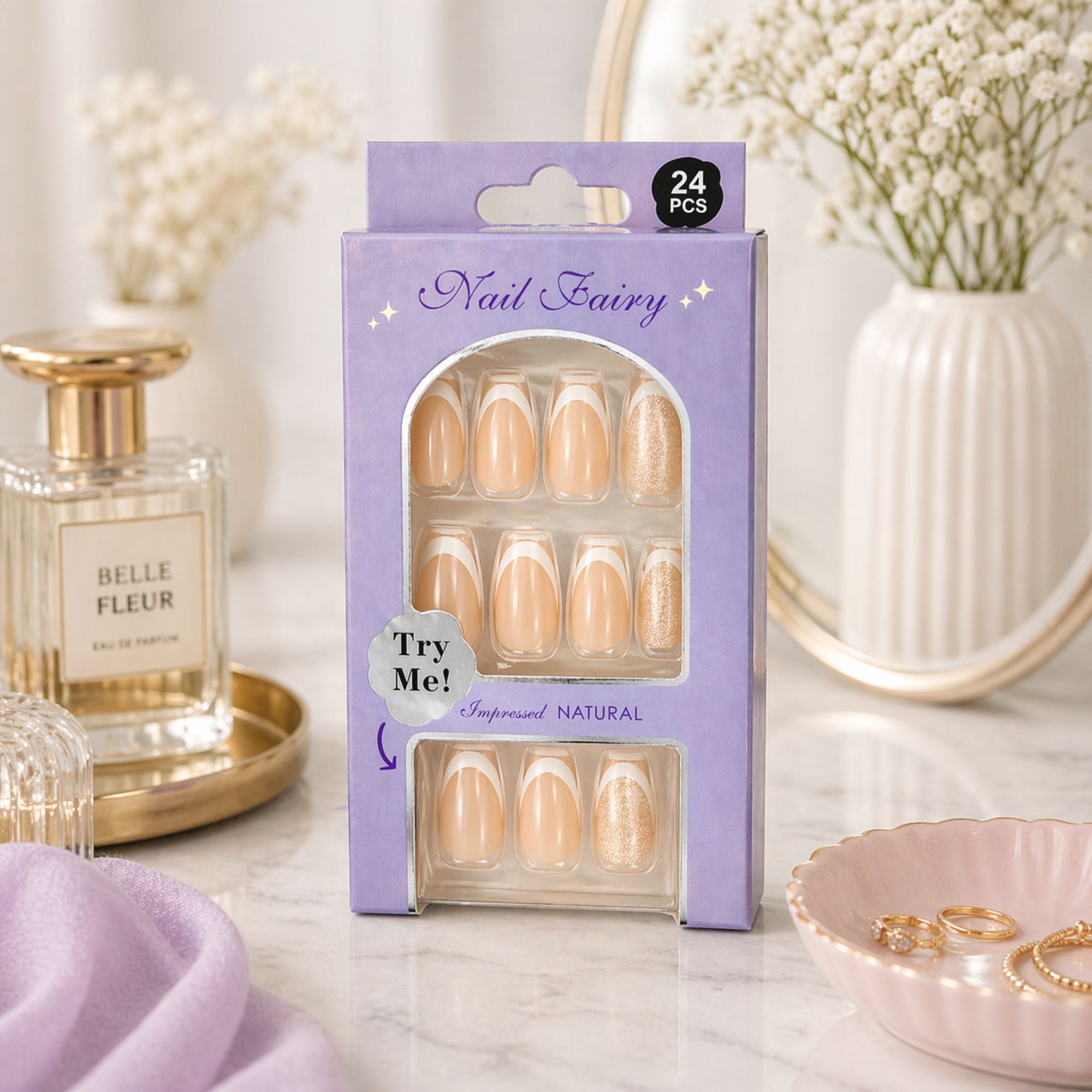 24 PCS Nail Fairy Nude French Tip Press On Artificial Nails Set size and feature image