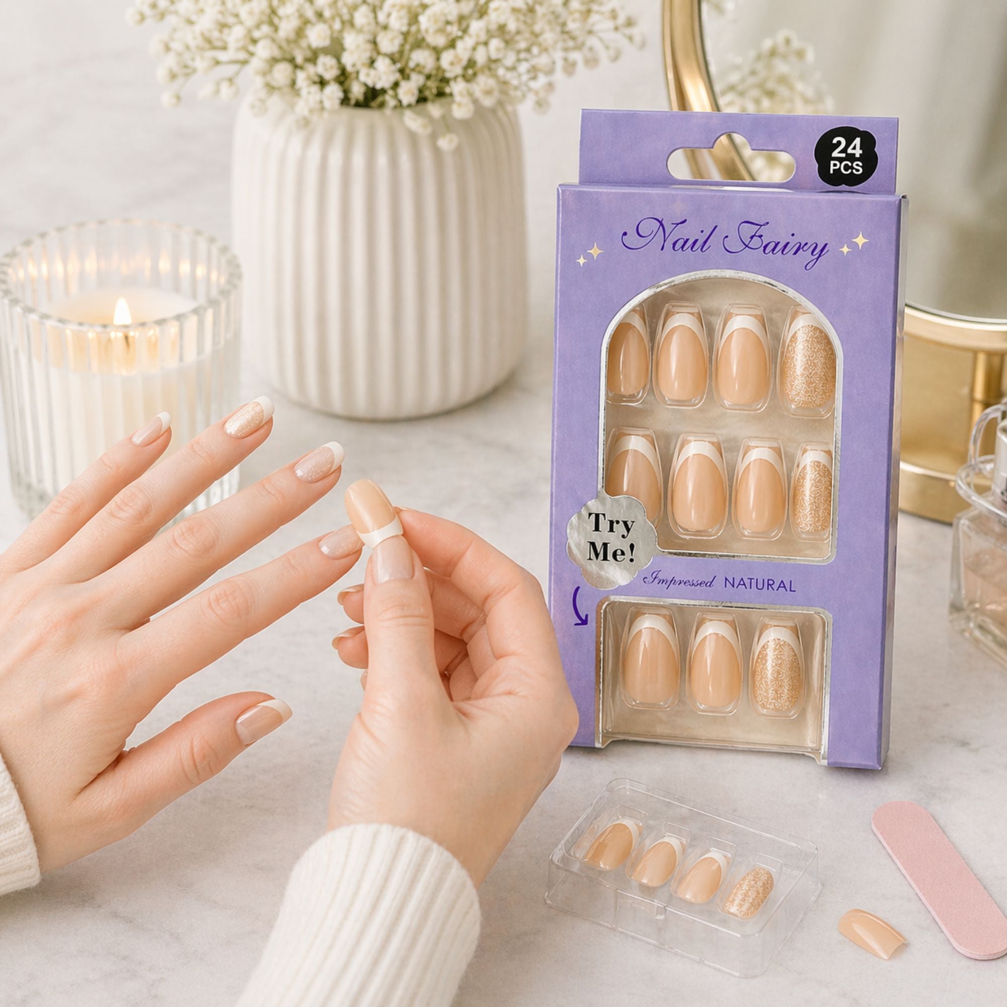 24 PCS Nail Fairy Nude French Tip Press On Artificial Nails Set lifestyle use image