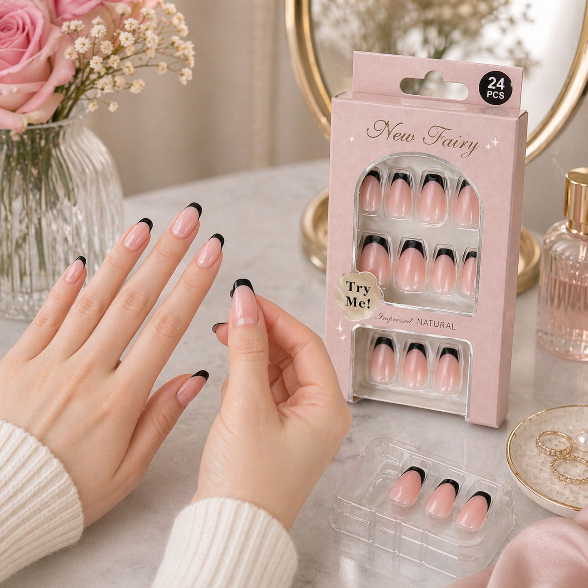 24 PCS Nail Fairy Black Tip Press On Artificial Nails Set lifestyle use image
