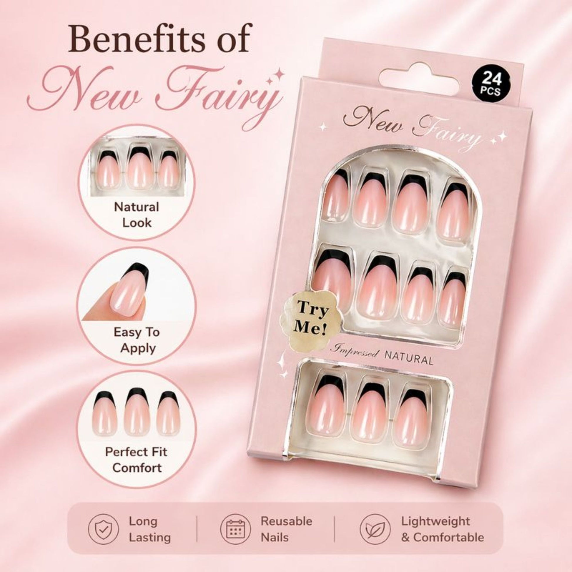 24 PCS Black Tip Nail Fairy Press On Artificial Nails Set