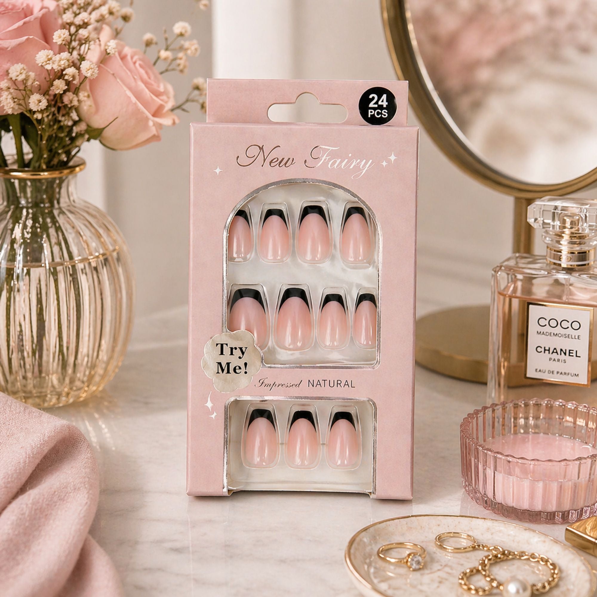 24 PCS Nail Fairy Black Tip Press On Artificial Nails Set size and feature image