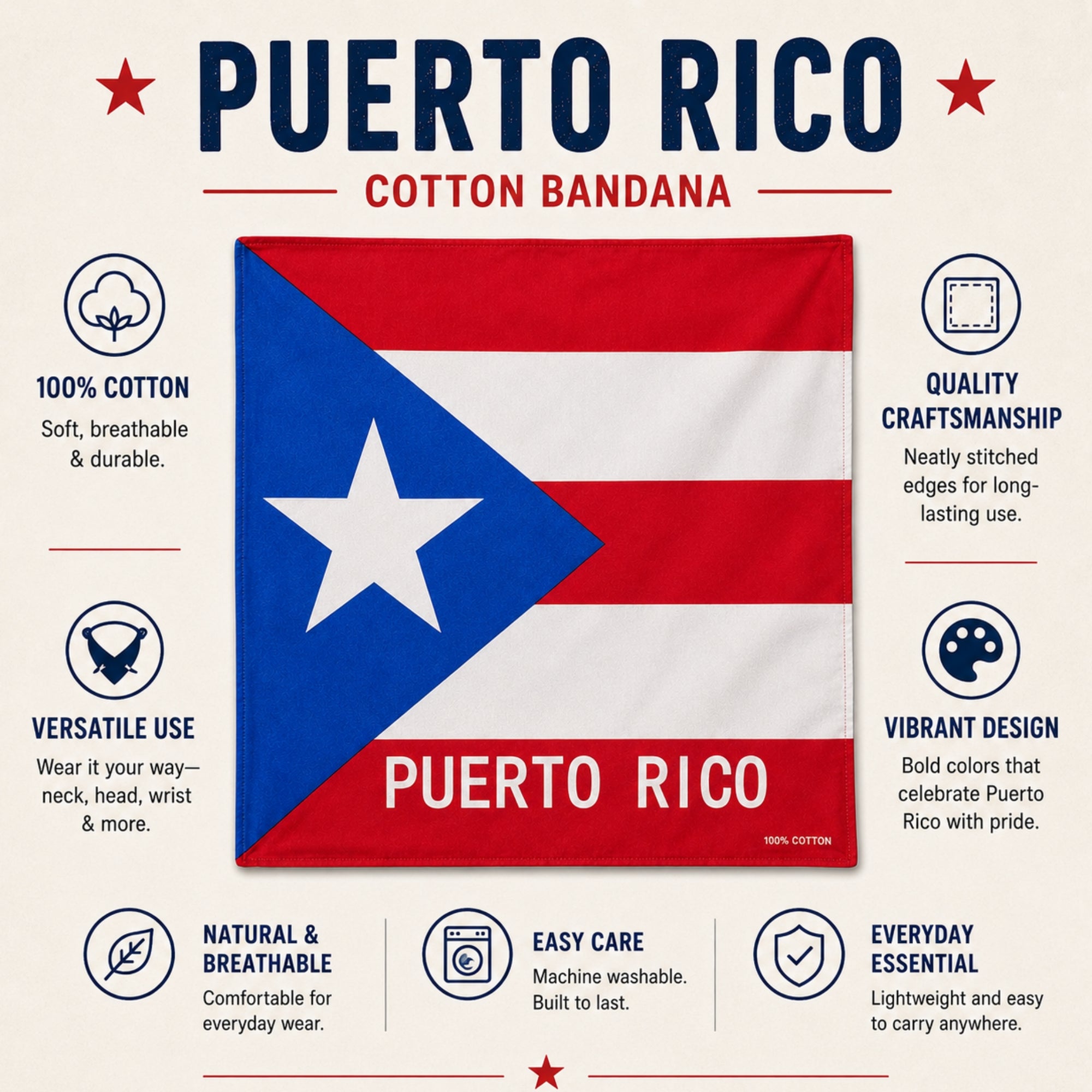21x21 Inch Puerto Rico Flag Cotton Bandana Scarf
