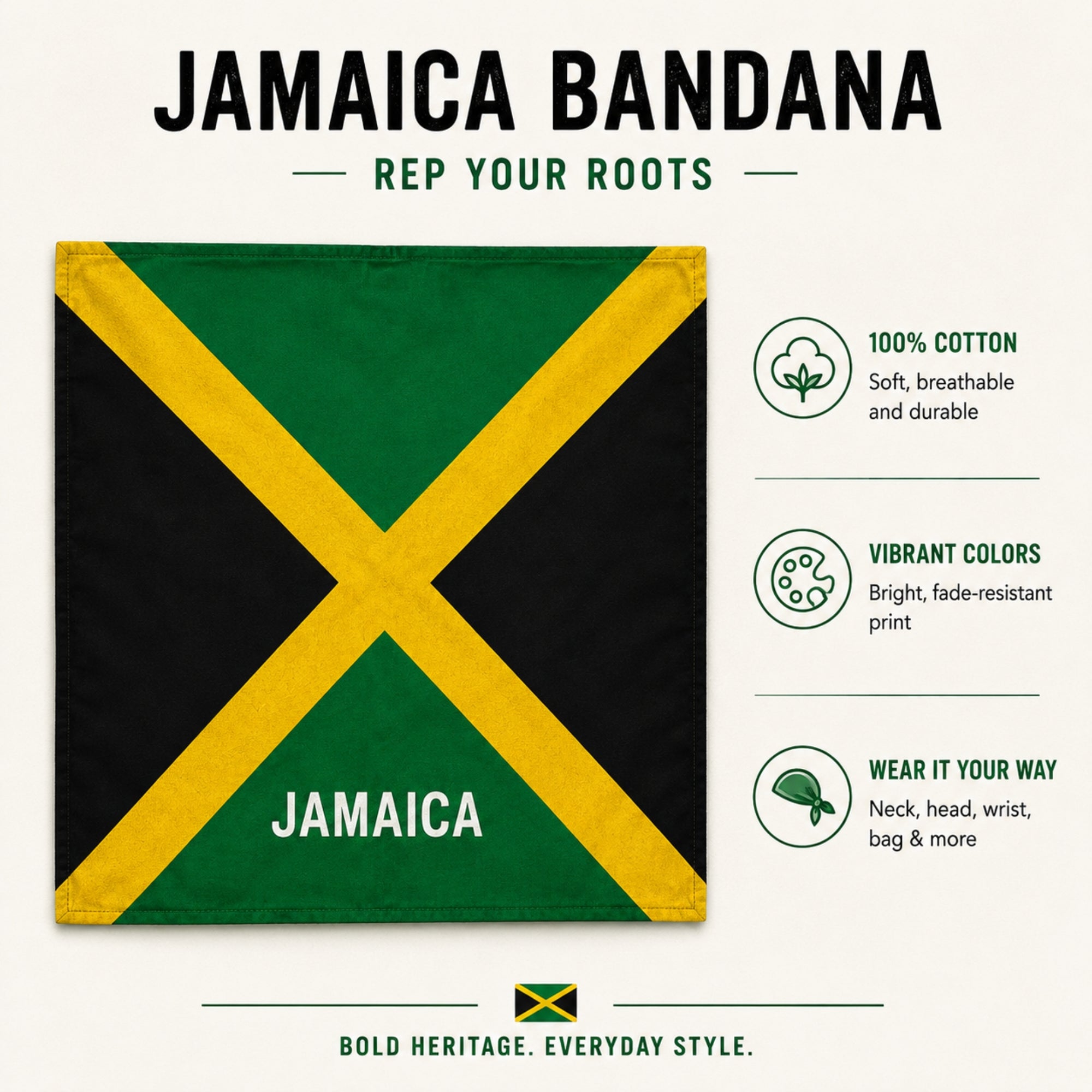 21x21 Inch Cotton Jamaica Flag Fashion Bandana