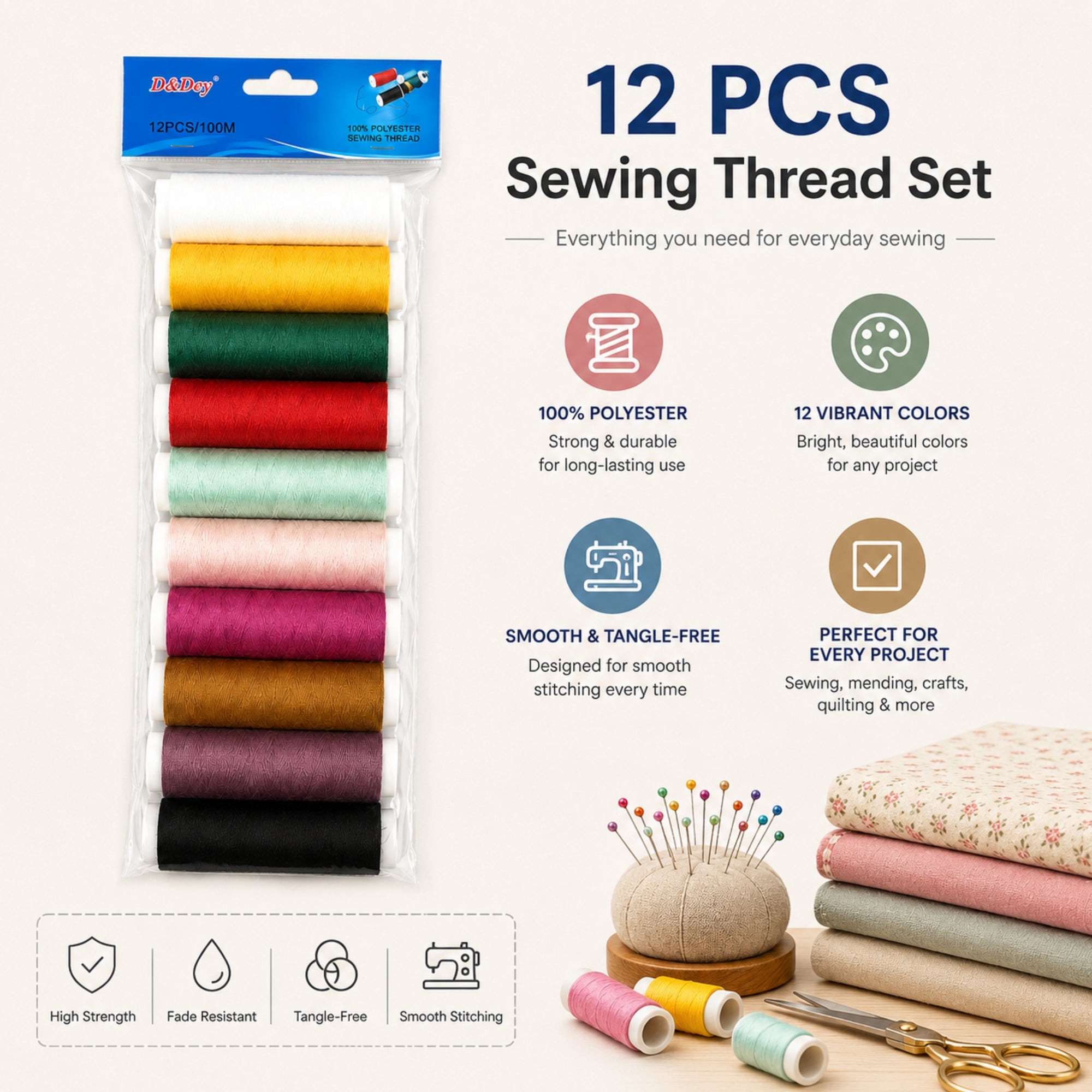 12PCS Polyester Craft Thread Spools 100M Each