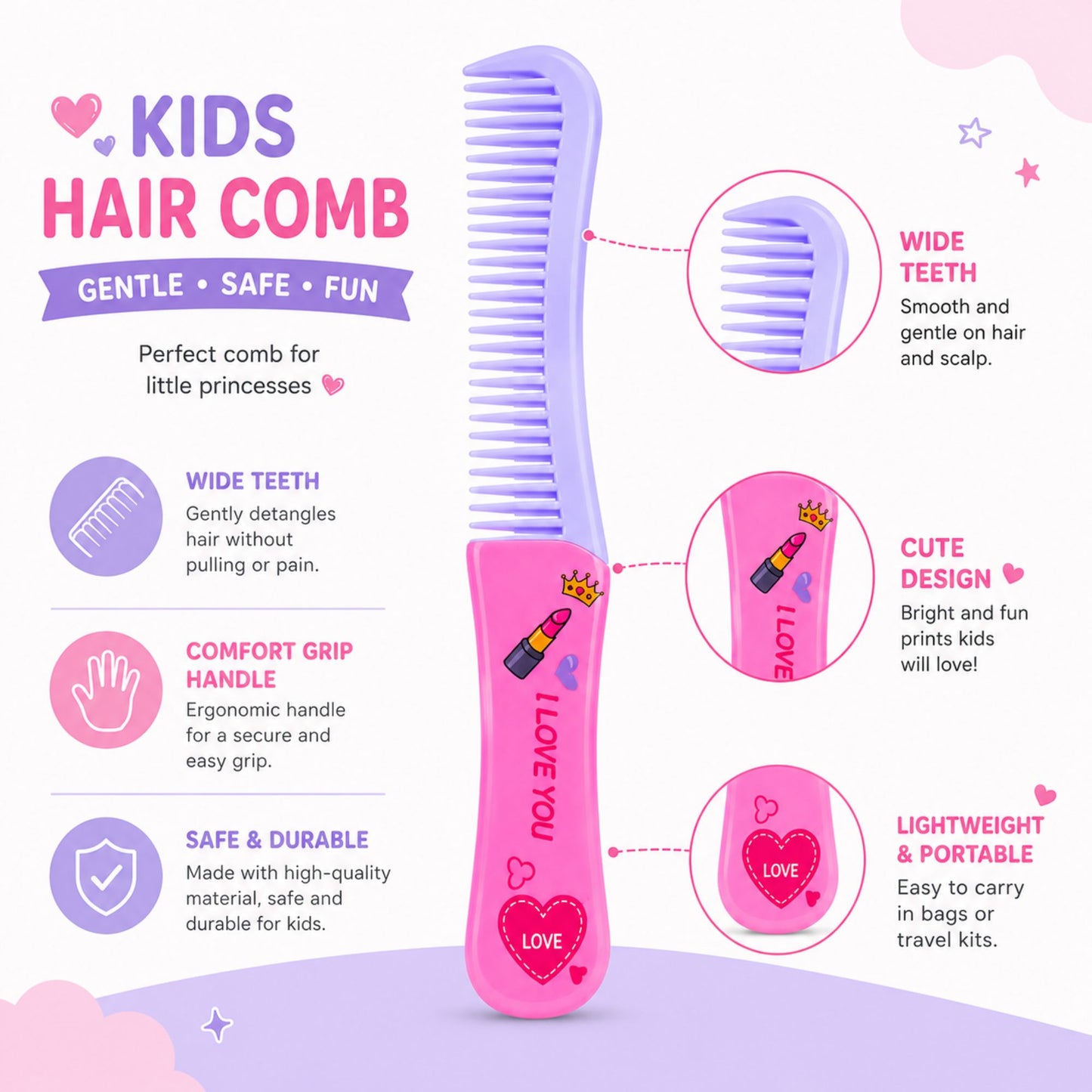 Gentle Wide Tooth Hair Comb for Daily Detangling and Care