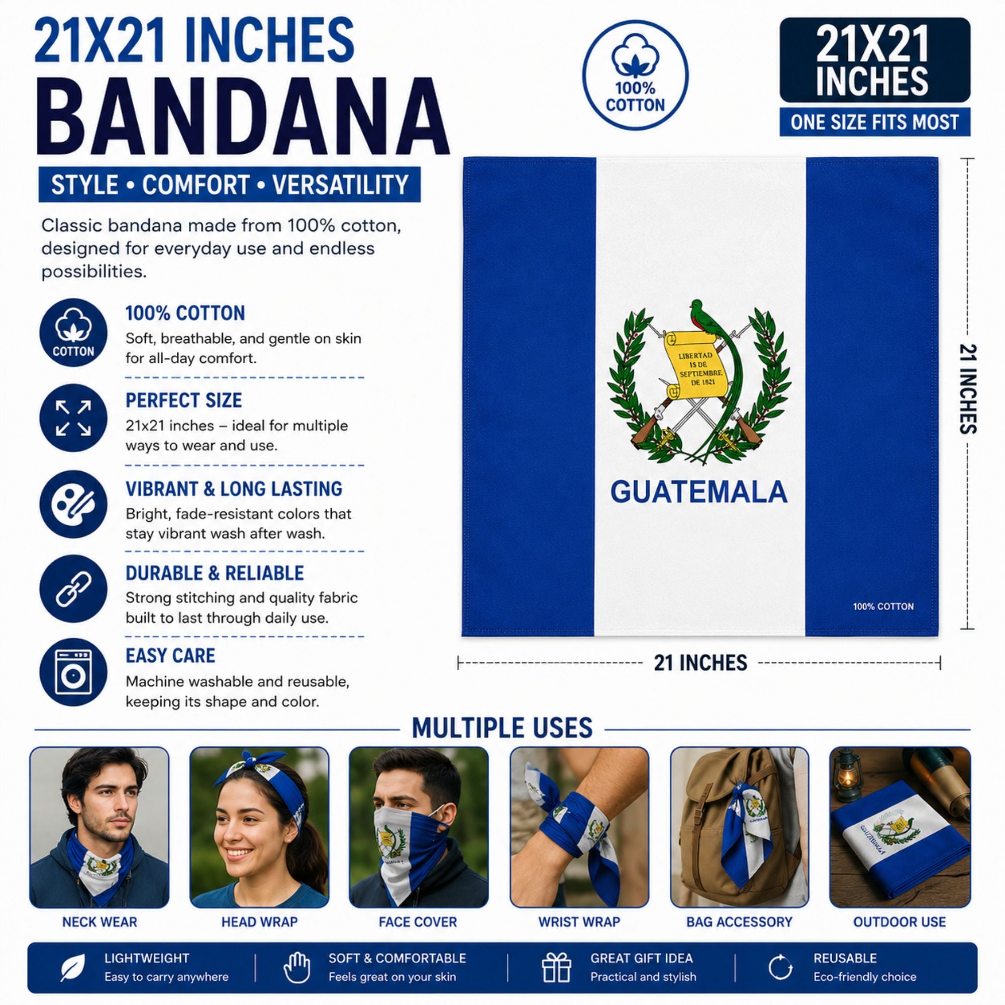 A 21x21 inch cotton bandana featuring the Guatemalan coat of arms, presented on a white background with product features, dimensions, and multiple use examples.