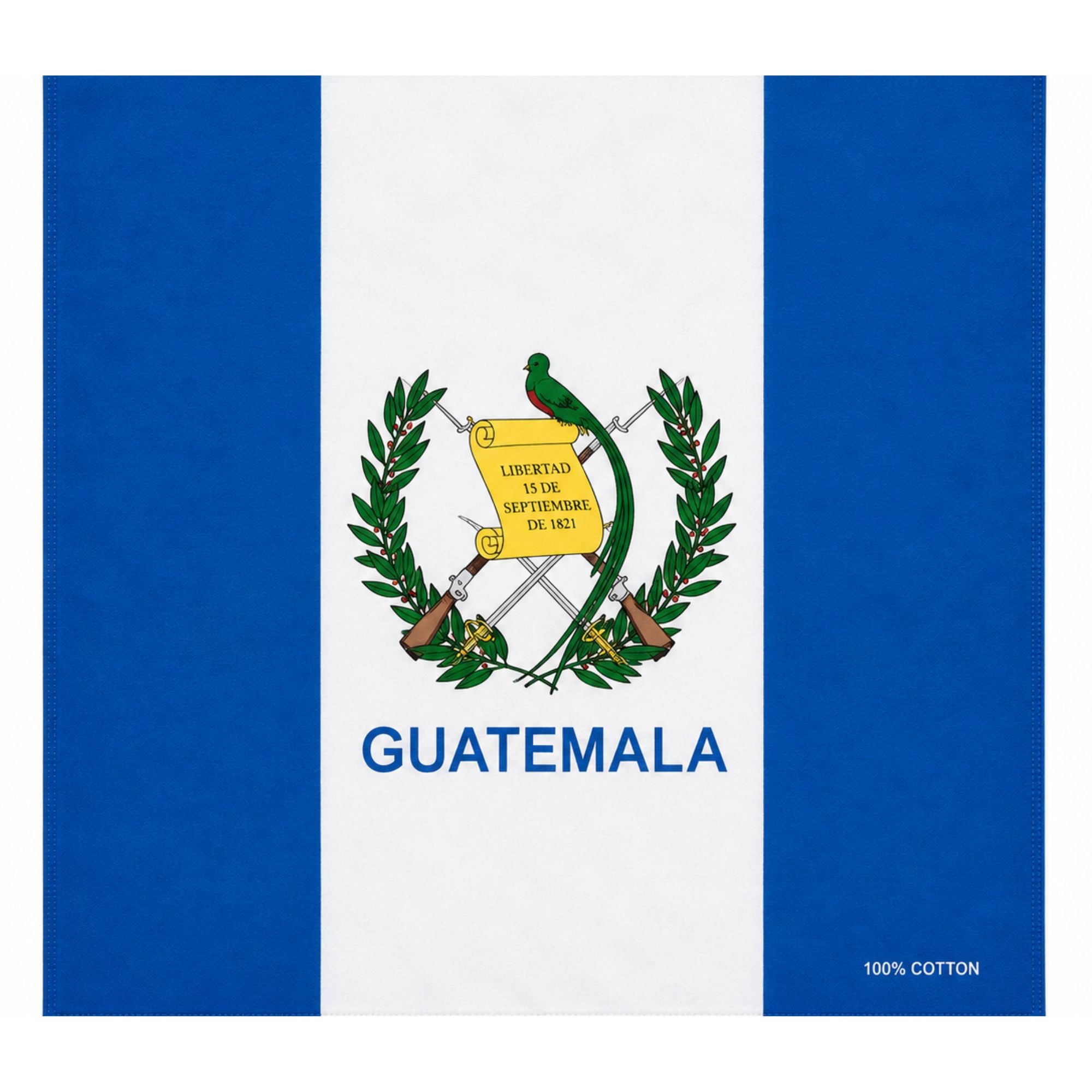 Guatemala flag made of 100% cotton fabric, featuring blue and white vertical stripes with the national coat of arms in the center and the word 'GUATEMALA' printed below.