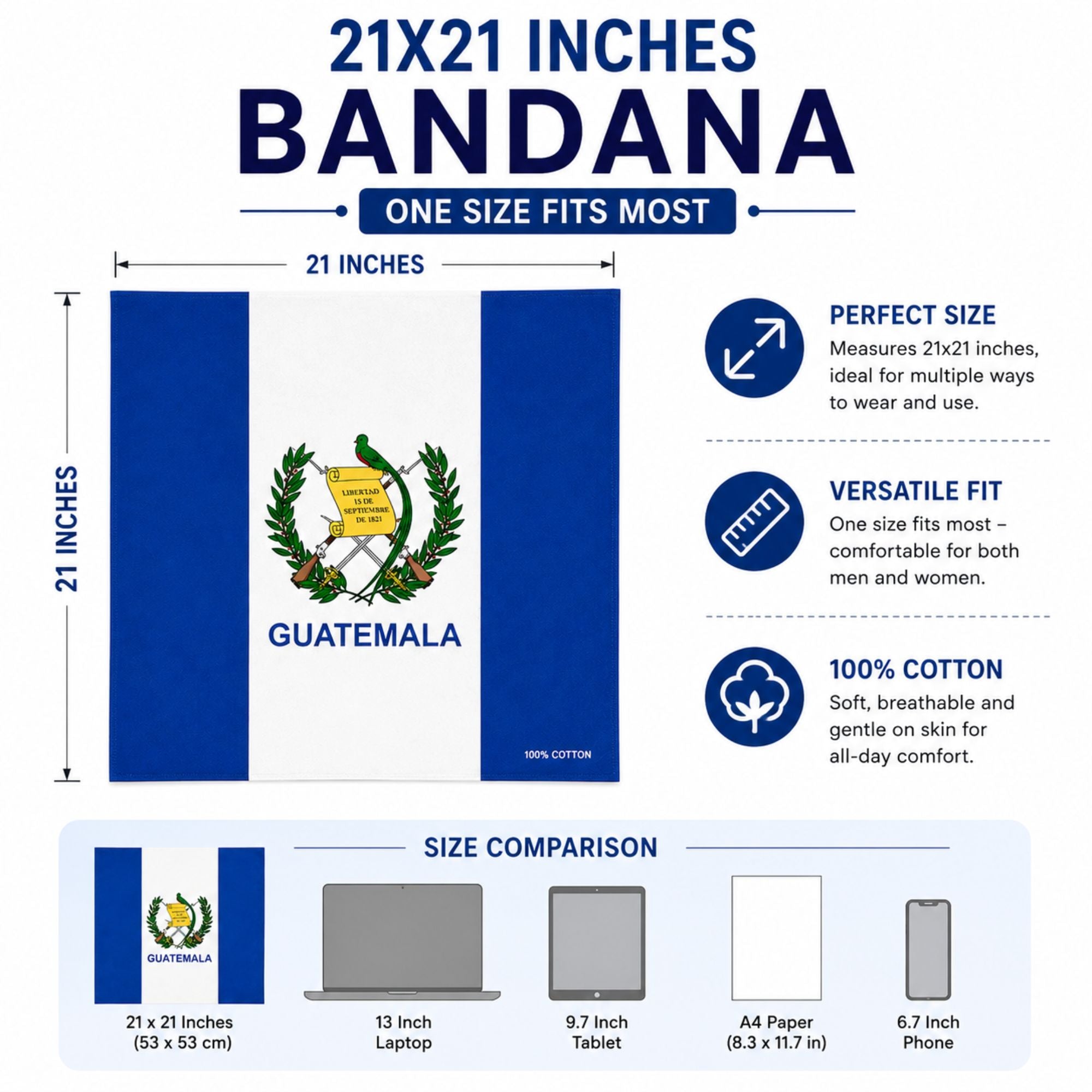 Guatemala-themed 21x21 inch bandana shown with a blue-and-white design, Guatemalan coat of arms, and feature callouts including perfect size, versatile fit, and 100% cotton. Includes a size comparison section with laptop, tablet, A4 paper, and phone references.