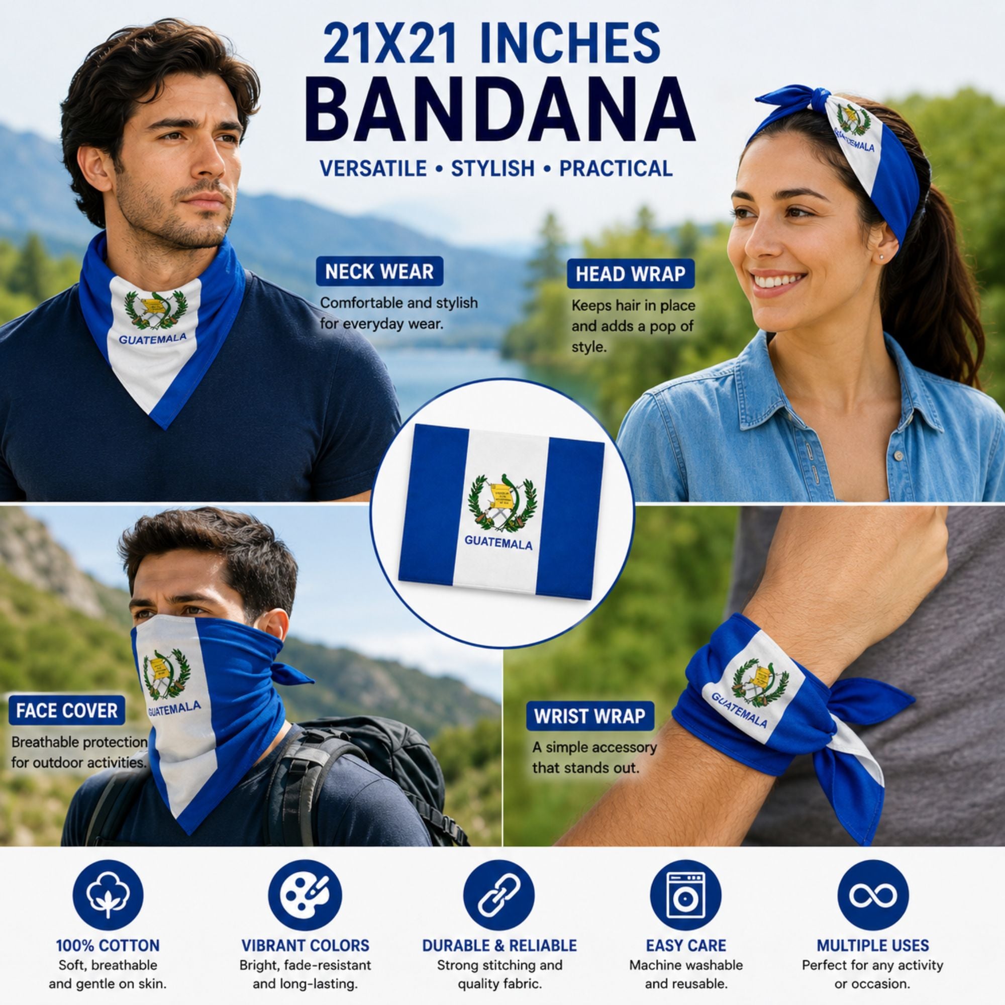 A promotional infographic for a 21x21 inch Guatemala-themed bandana, showing male and female models wearing the blue and white head wrap in various ways (neck, head, face cover, wrist). The graphic includes product features, a circular inset of the flag design, and a bottom row of ten feature icons.