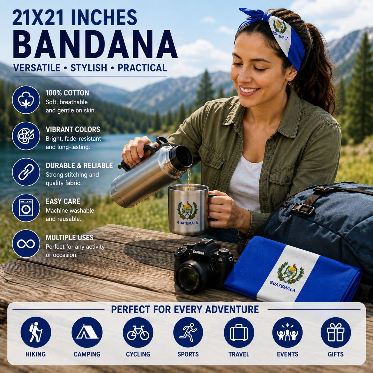 A woman outdoors at a lakeside table wearing a blue Guatemalan bandana headscarf, pouring water from a metal flask into a matching metal mug. A folded Guatemalan flag and a camera sit beside her, with text highlighting the bandana's size, cotton material, vibrant colors, durability, and multiple uses.