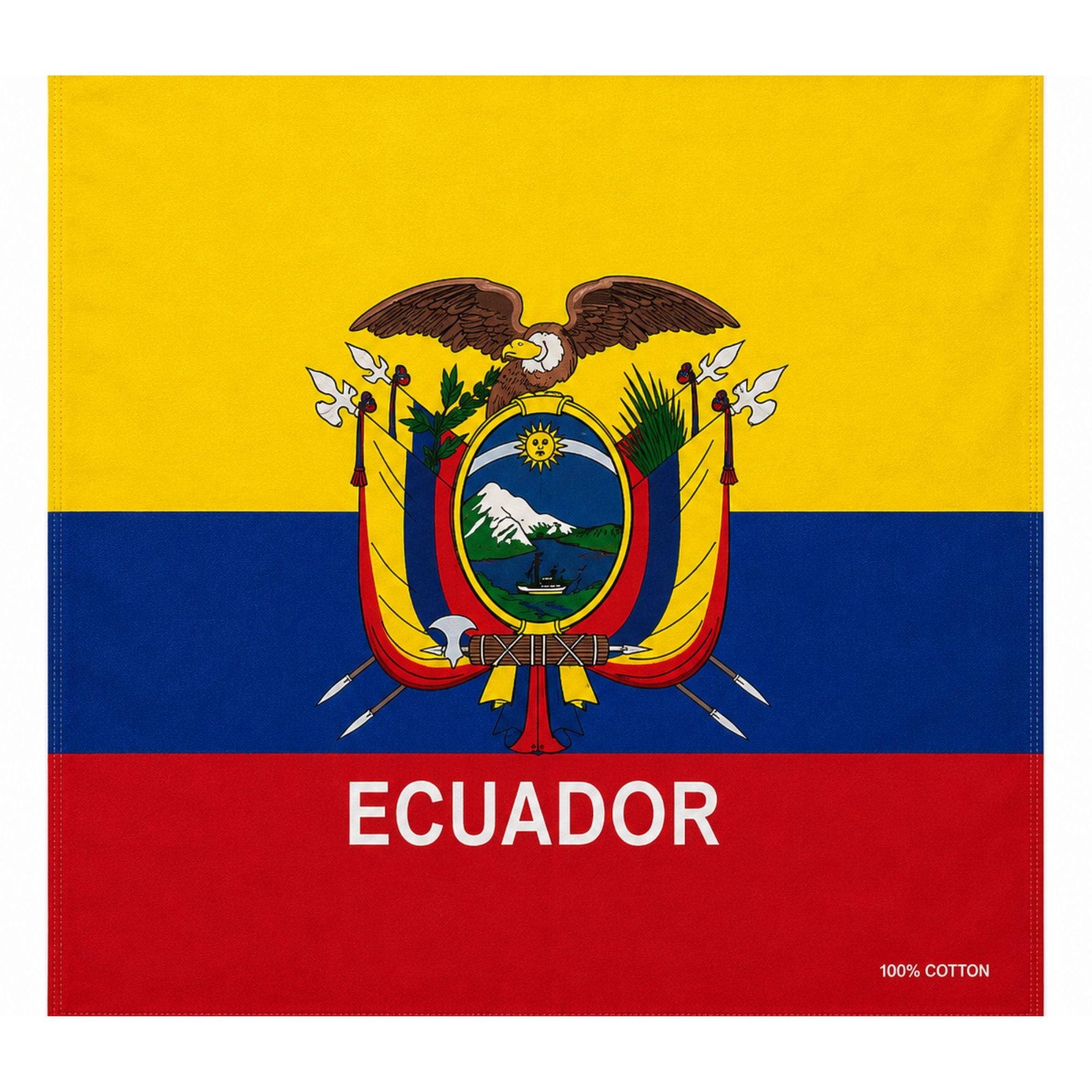 Square Ecuador flag-themed product, likely a towel or blanket, featuring the yellow, blue, and red horizontal stripes with the national coat of arms centered and the word 'ECUADOR' in white across the red band. Small text in the lower right reads '100% COTTON'.