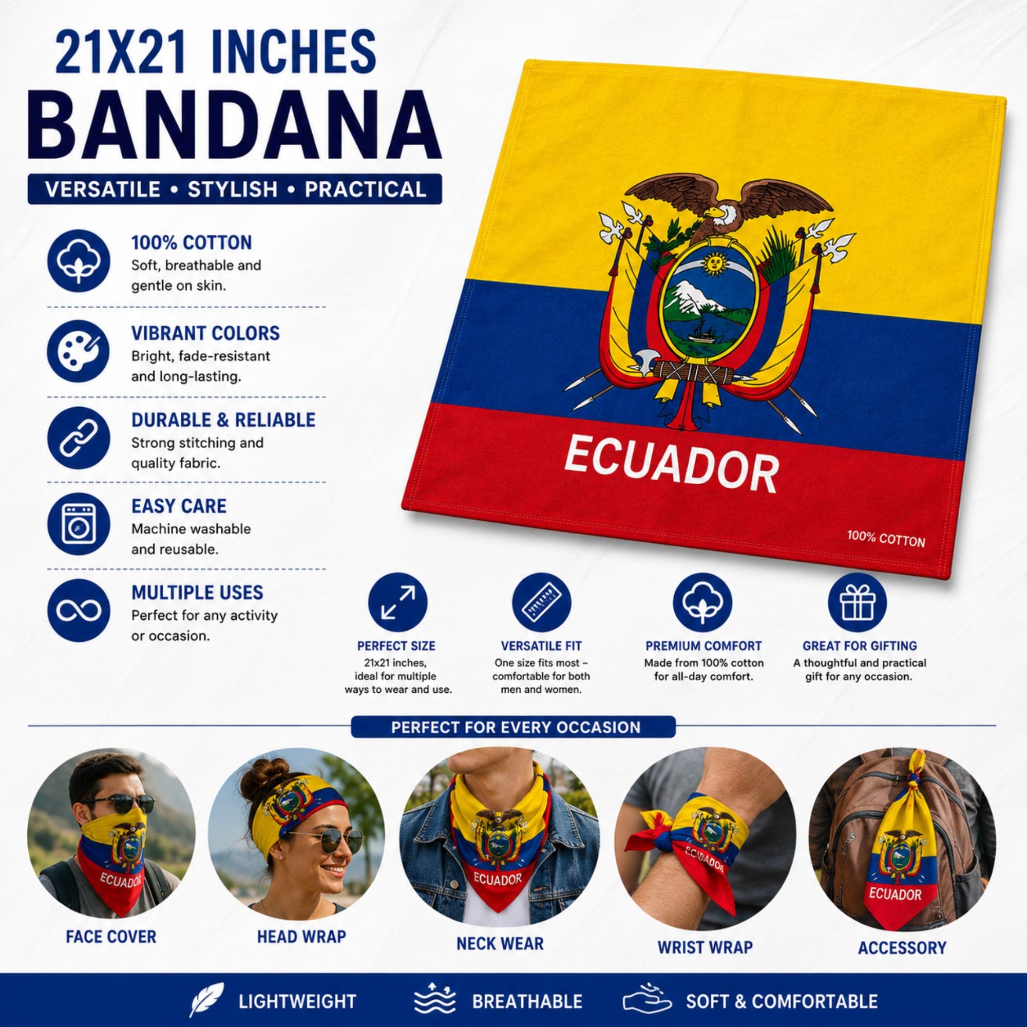 Ecuador flag bandana promotional graphic showing a 21x21 inch square bandana printed with the Ecuador coat of arms and flag colors. The image includes product features icons, multiple usage examples, and a blue footer with benefits.