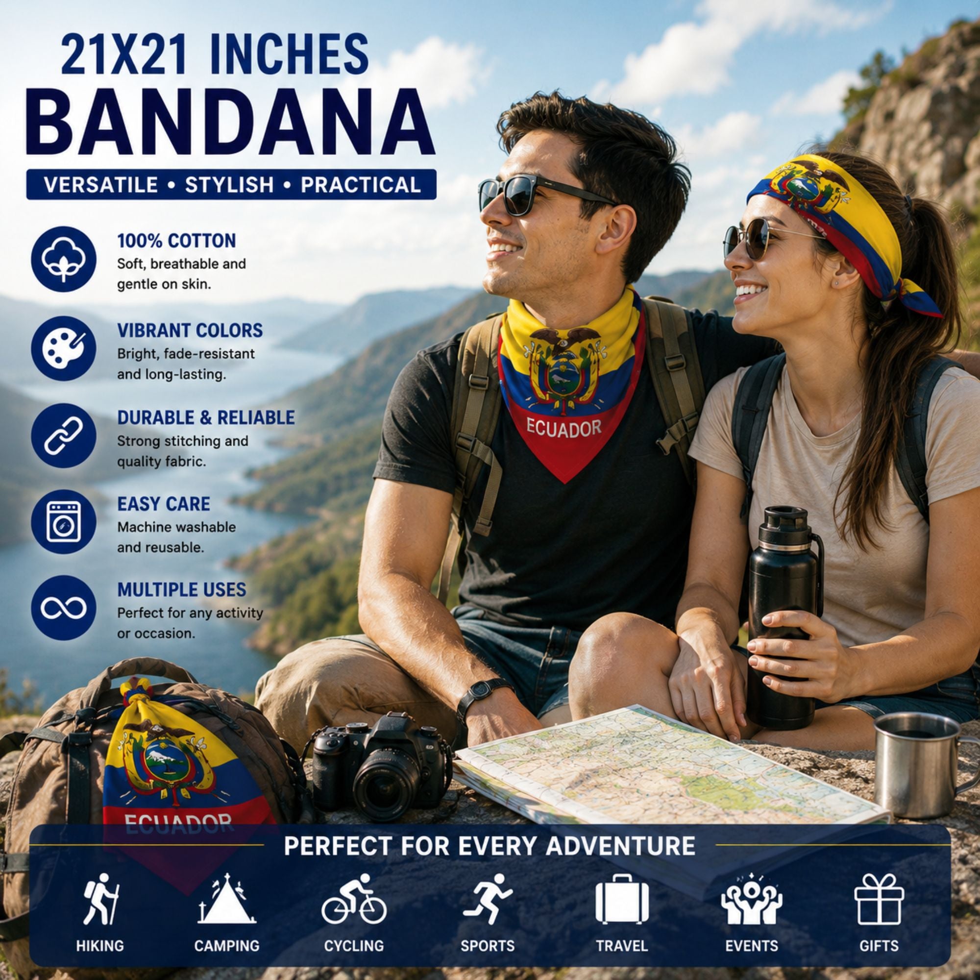 A couple outdoors wearing a colorful Ecuador-themed bandana, with the product shown on their heads and also laid out on a backpack. The image includes large text describing the bandana's features and multiple use cases, set against a scenic mountain background.
