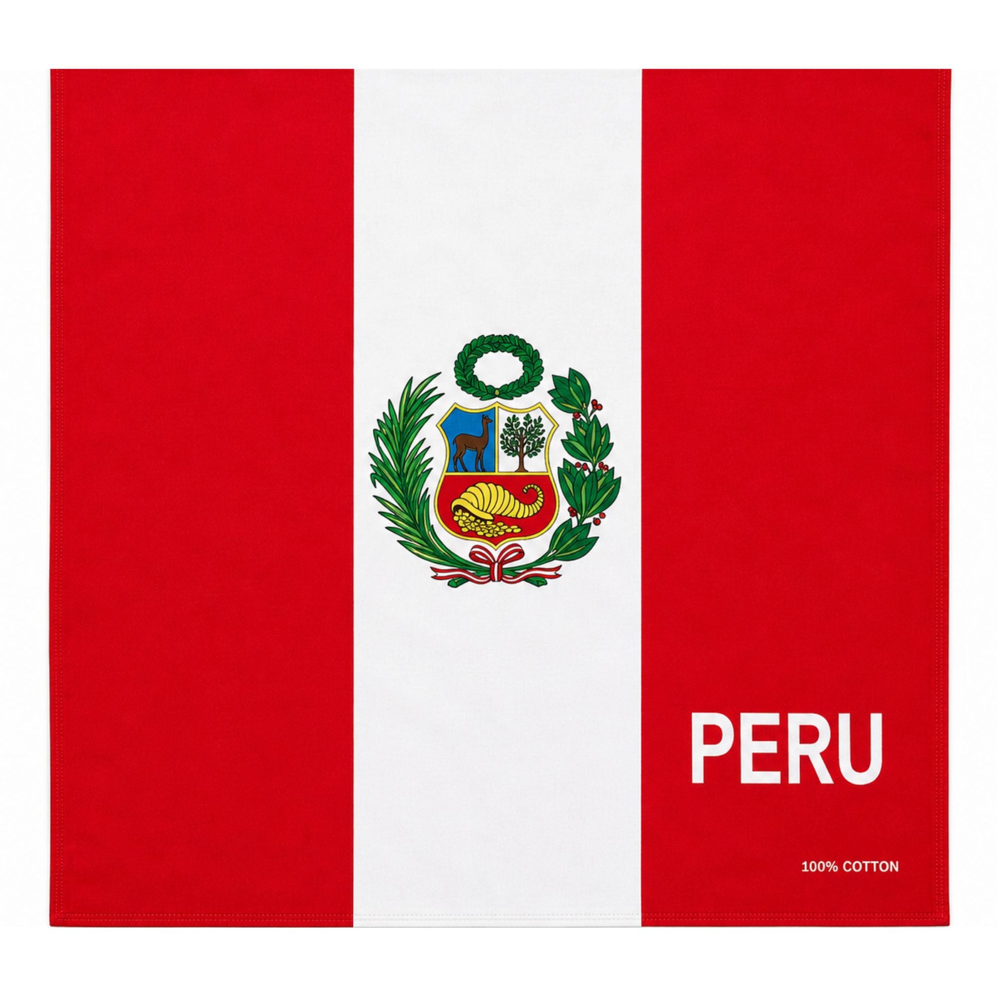 A square cotton flag of Peru featuring the national red and white vertical stripes with the central coat of arms, plus the word 'PERU' and '100% COTTON' printed on the lower right.