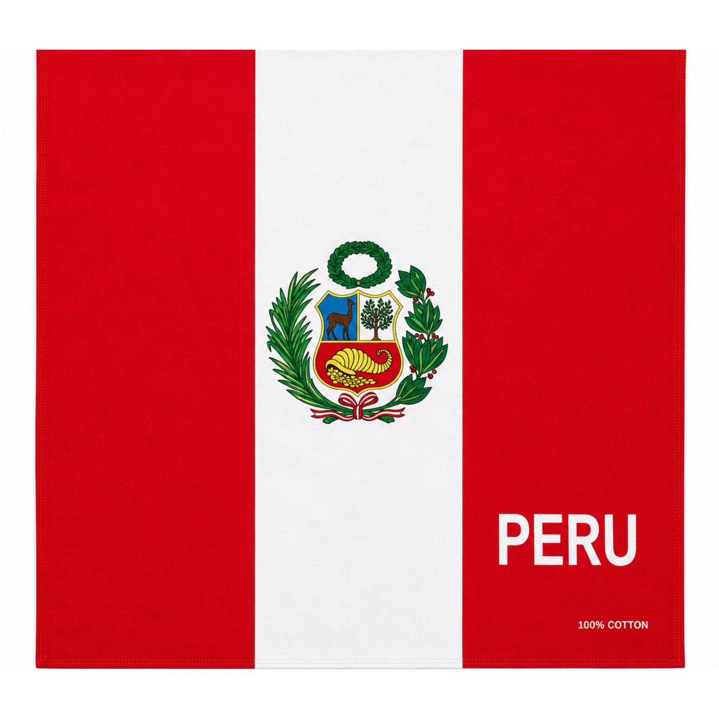 A square cotton flag of Peru featuring the national red and white vertical stripes with the central coat of arms, plus the word 'PERU' and '100% COTTON' printed on the lower right.
