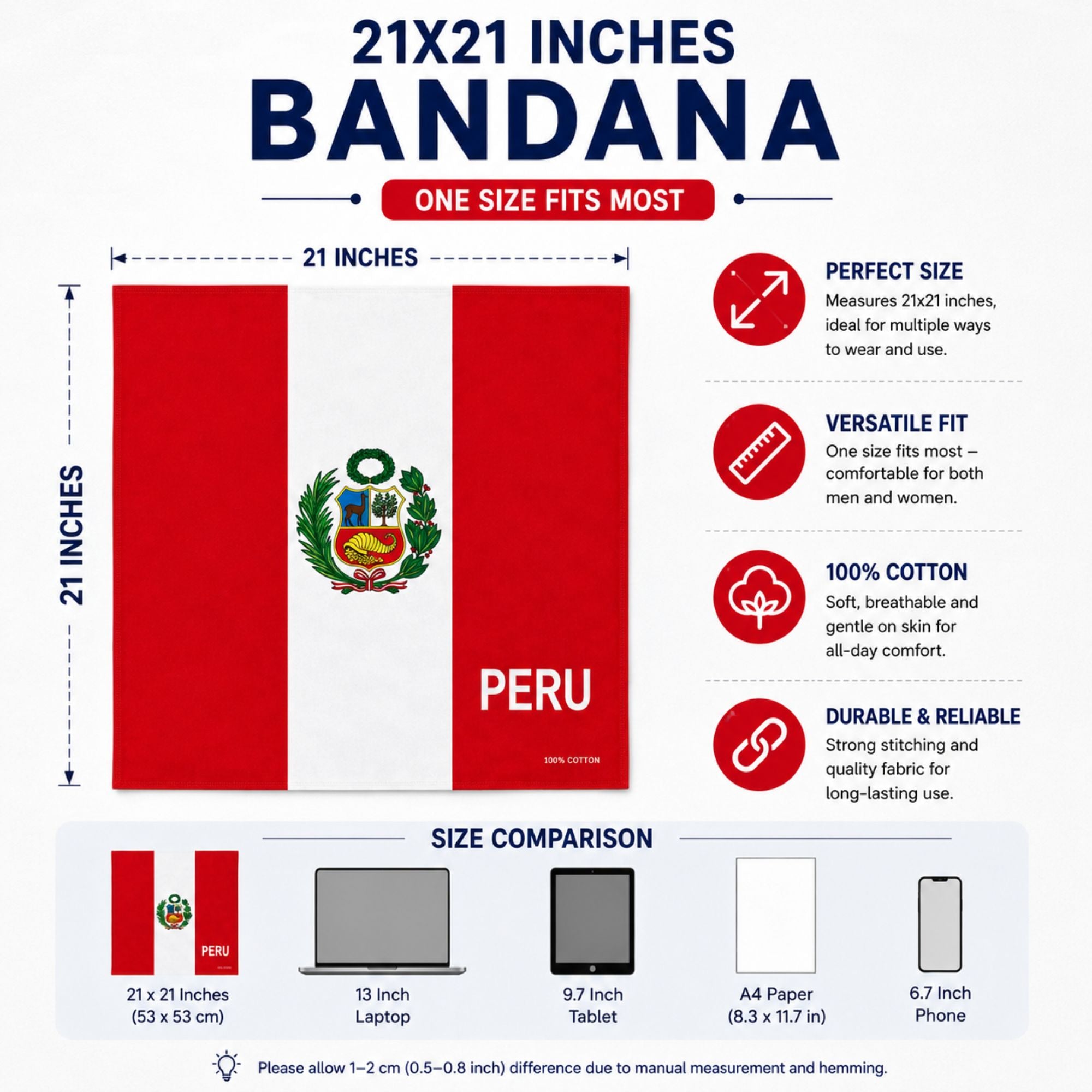 A size and feature infographic for a 21x21 inch bandana inspired by the Peruvian flag. The design shows a red bandana with a central white stripe and the Peruvian coat of arms, alongside a size comparison section with a laptop, tablet, A4 paper, and phone.