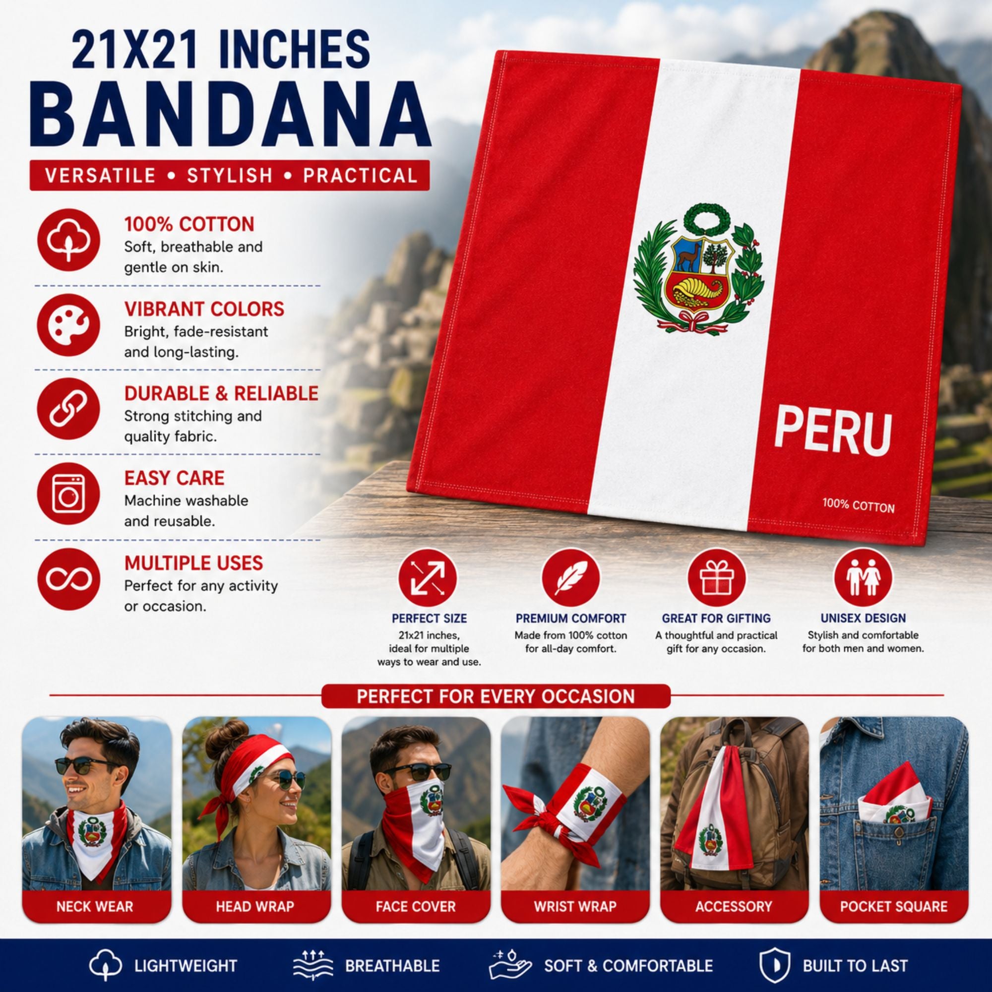 A promotional graphic for a red, white, and blue Peru-themed cotton bandana. The main product is shown as a square bandana with a white vertical stripe and the word 'PERU' printed on it.