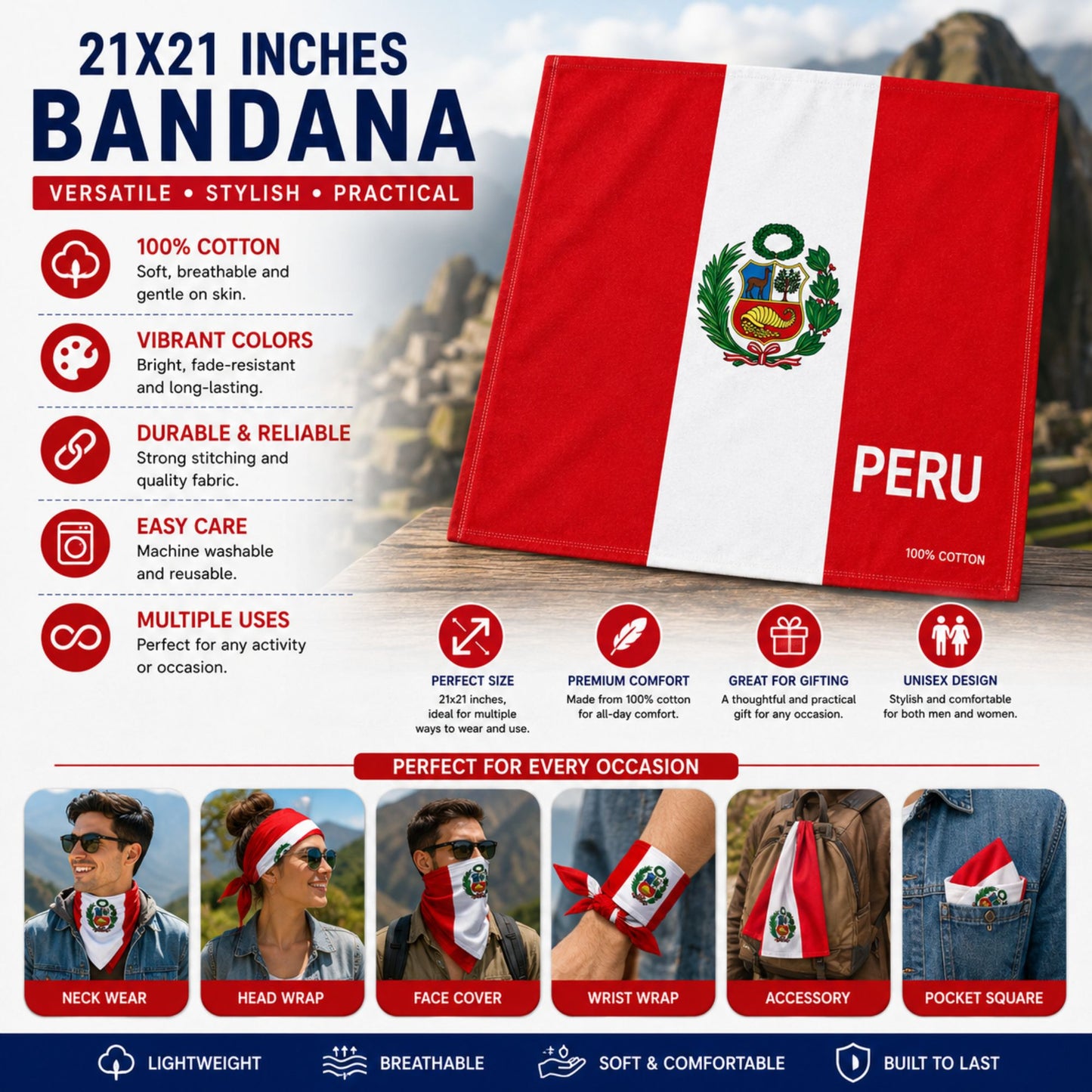 A promotional graphic for a red, white, and blue Peru-themed cotton bandana. The main product is shown as a square bandana with a white vertical stripe and the word 'PERU' printed on it.