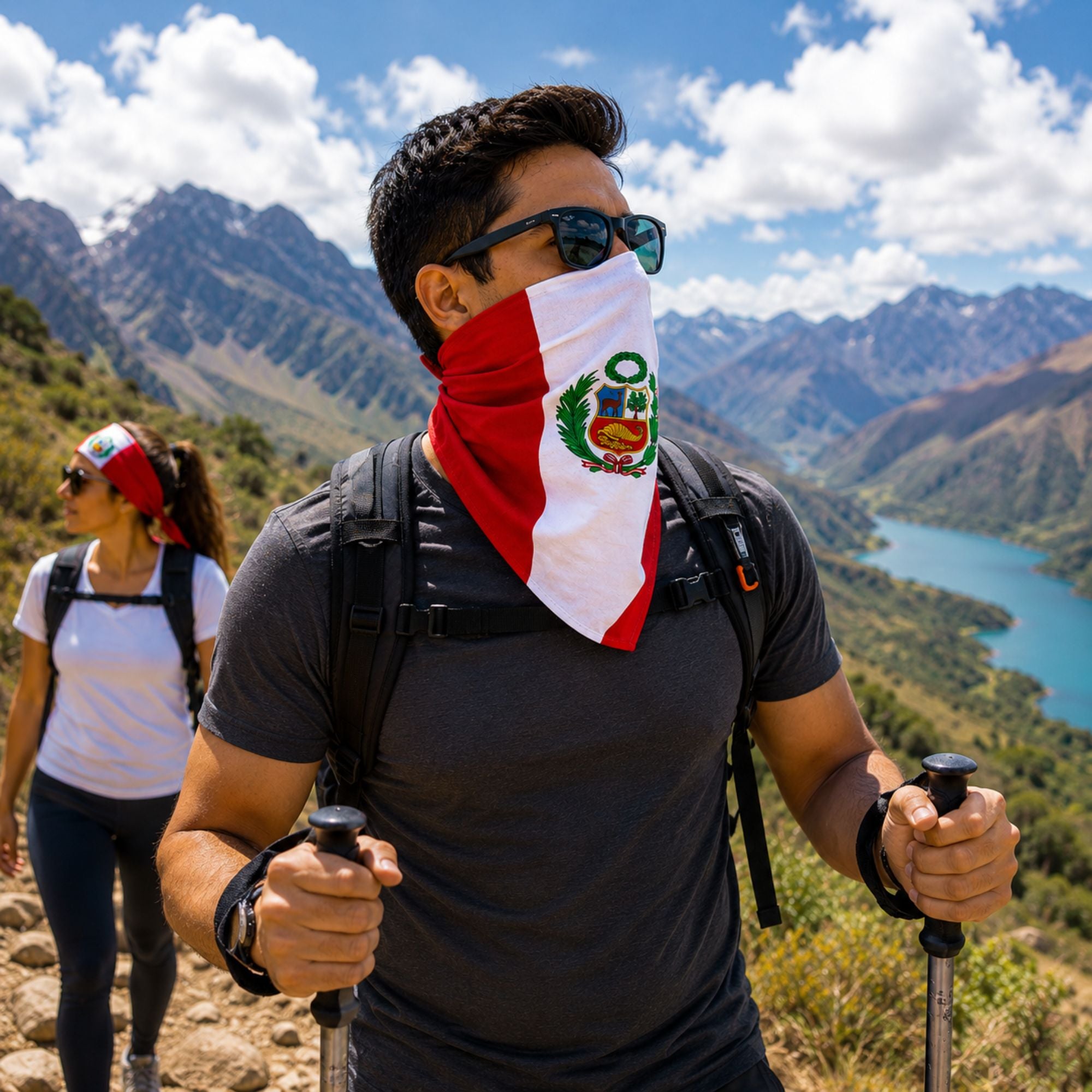 A man hiking outdoors in a mountainous landscape wearing a red, white, and green Peruvian flag neck gaiter over his face, along with sunglasses, a dark gray t-shirt, and a black backpack. Another hiker is visible in the background.