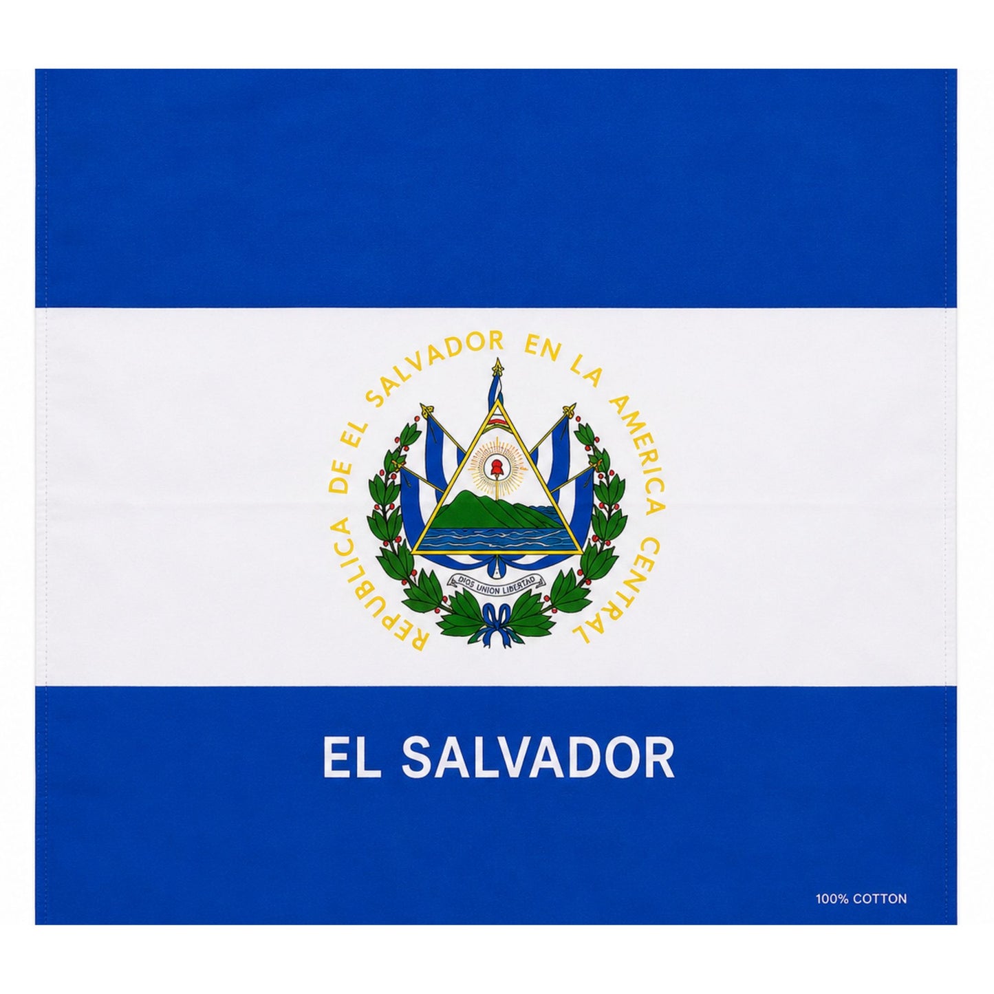 El Salvador flag textile with blue-white-blue horizontal stripes, the national coat of arms centered, and the words 'EL SALVADOR' in white on the lower blue band. Small text in the lower right reads '100% COTTON'.