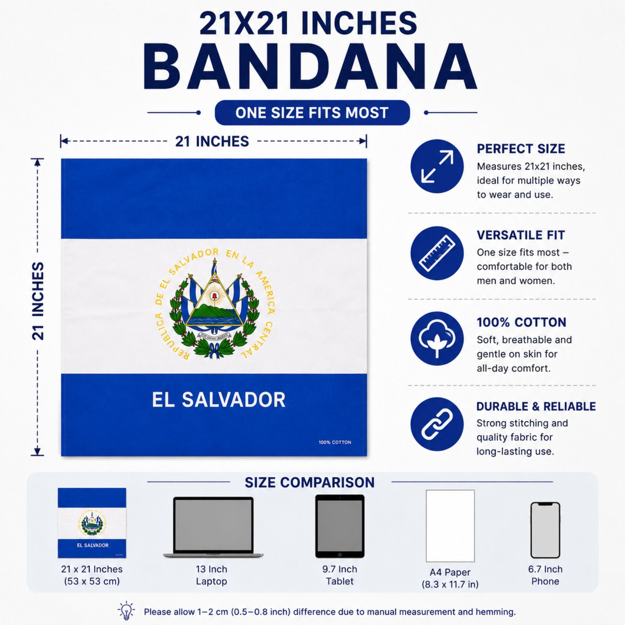 El Salvador 21x21 inch bandana featuring the national flag design with the central coat of arms and the text 'EL SALVADOR'. The image includes informational text and size comparison graphics showing the bandana's dimensions relative to a laptop, phone, and paper size.
