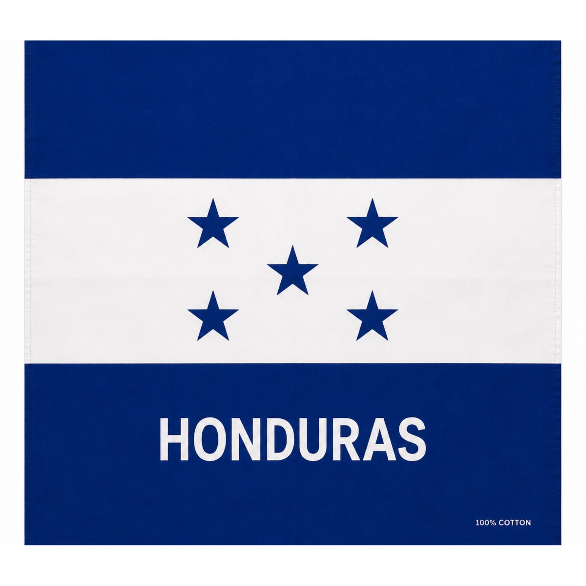 A square Honduras flag design with blue horizontal bands at the top and bottom, a white center band, five blue stars, and the word HONDURAS in white near the bottom. Small text in the lower right reads 100% COTTON.