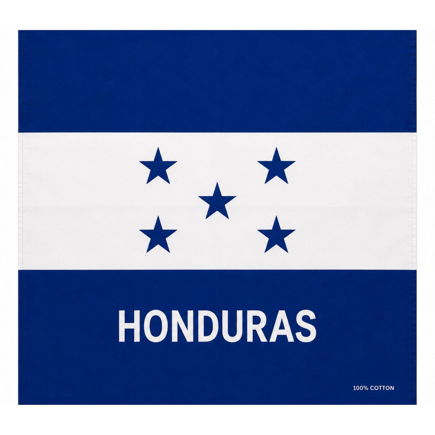 A square Honduras flag design with blue horizontal bands at the top and bottom, a white center band, five blue stars, and the word HONDURAS in white near the bottom. Small text in the lower right reads 100% COTTON.