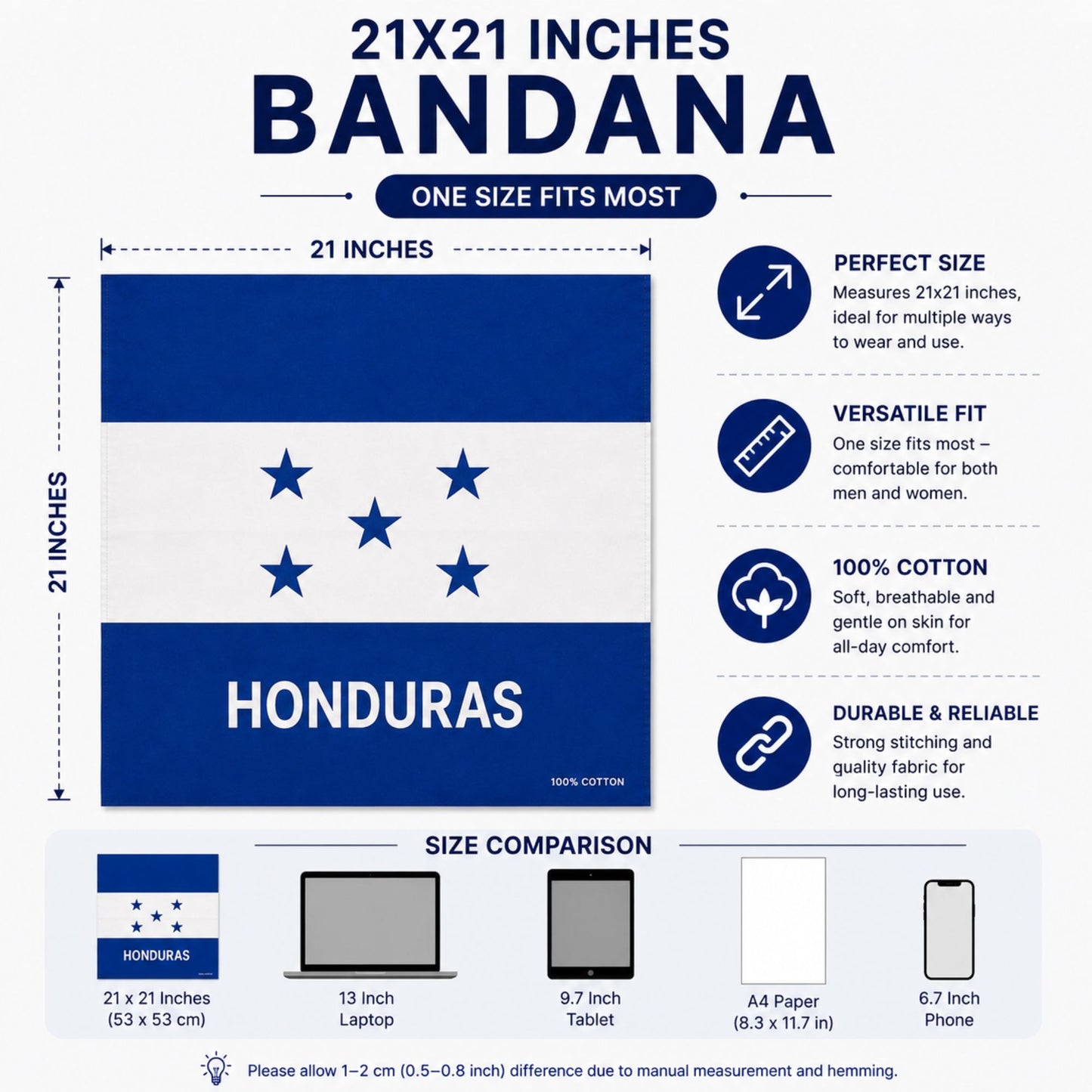 A Honduras flag-themed 21x21 inch bandana shown on an infographic with dimensions, product features, size comparison icons, and small device size references.