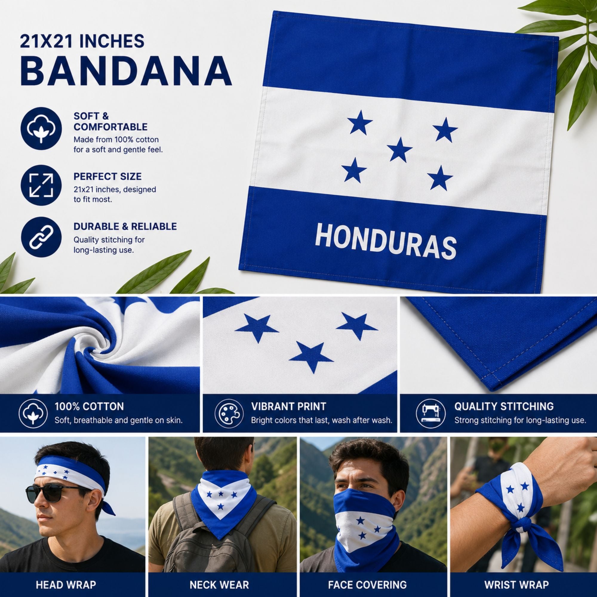 Honduras-themed bandana shown in a collage layout with product details, fabric close-ups, and four lifestyle model shots demonstrating how to wear it as a head wrap, neck wrap, face cover, and wrist wrap.