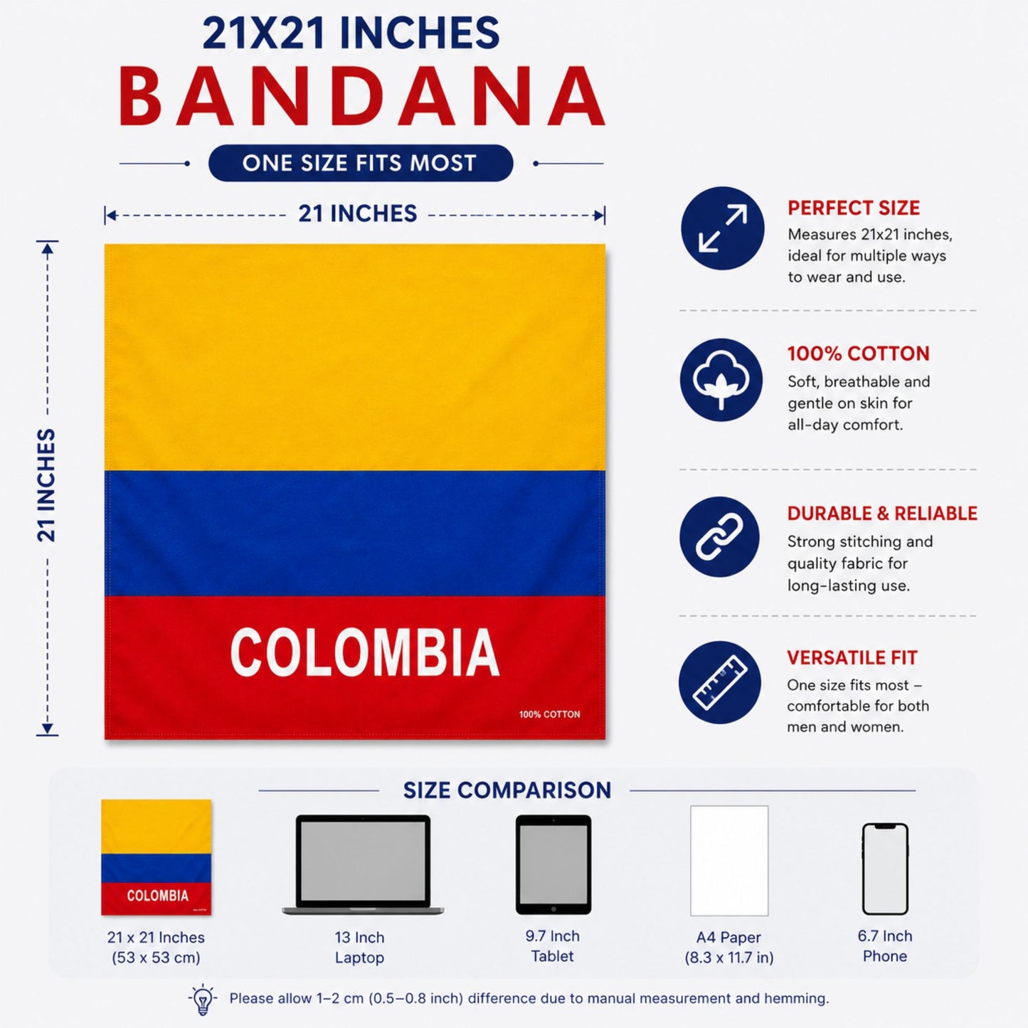 An infographic for a 21x21 inch bandana featuring a color design inspired by the Colombian flag, with yellow, blue, and red horizontal sections and text detailing product features and size comparisons.