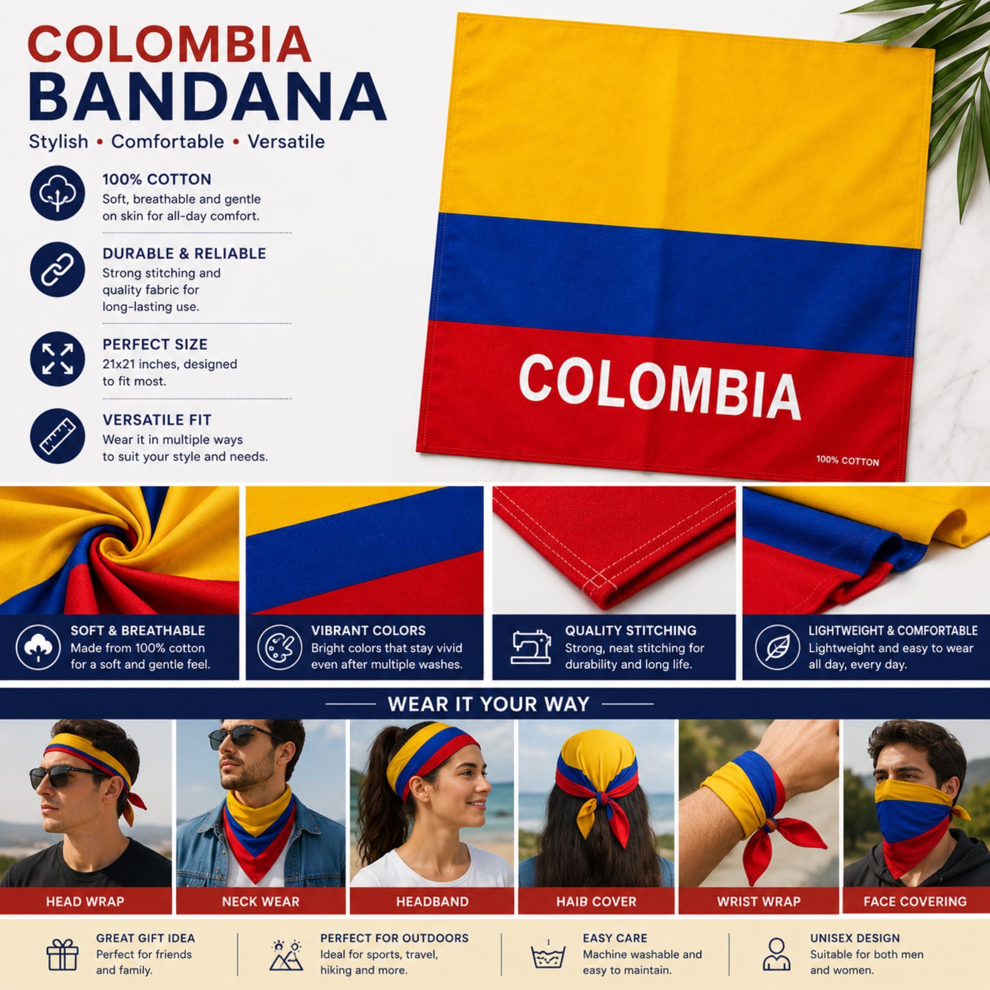 A Colombia bandana product infographic featuring a large yellow, blue, and red flag design with the word 'COLOMBIA' across the center, plus multiple feature callouts and lifestyle photos of the bandana worn by people in different styles.