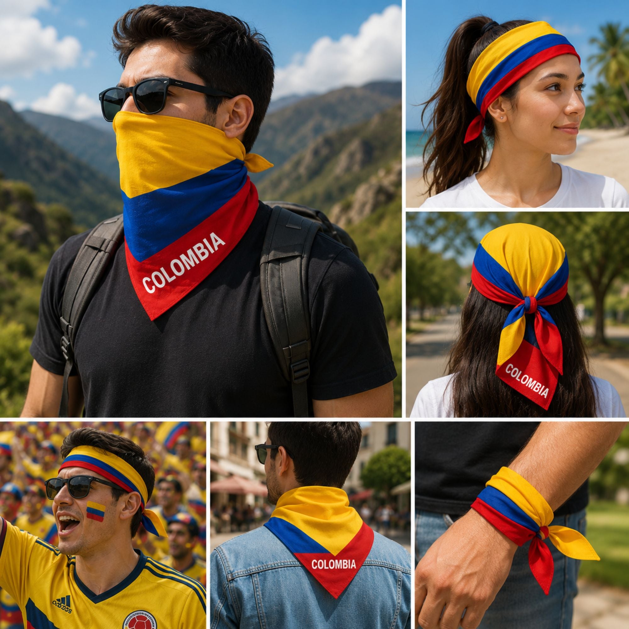 A collage showing a Colombia-themed bandana/tie worn in multiple ways: around the neck, as a headband, on the wrist, and with a small flag painted on the cheek. The product is shown on people outdoors, with mountains, beach, trees, and a crowd visible in the background.