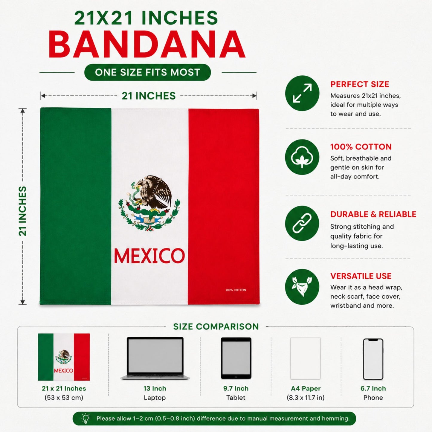 A product infographic for a 21x21 inch bandana featuring the Mexican flag design. The graphic shows a rectangular bandana with green, white, and red vertical stripes and the Mexican coat of arms in the center.