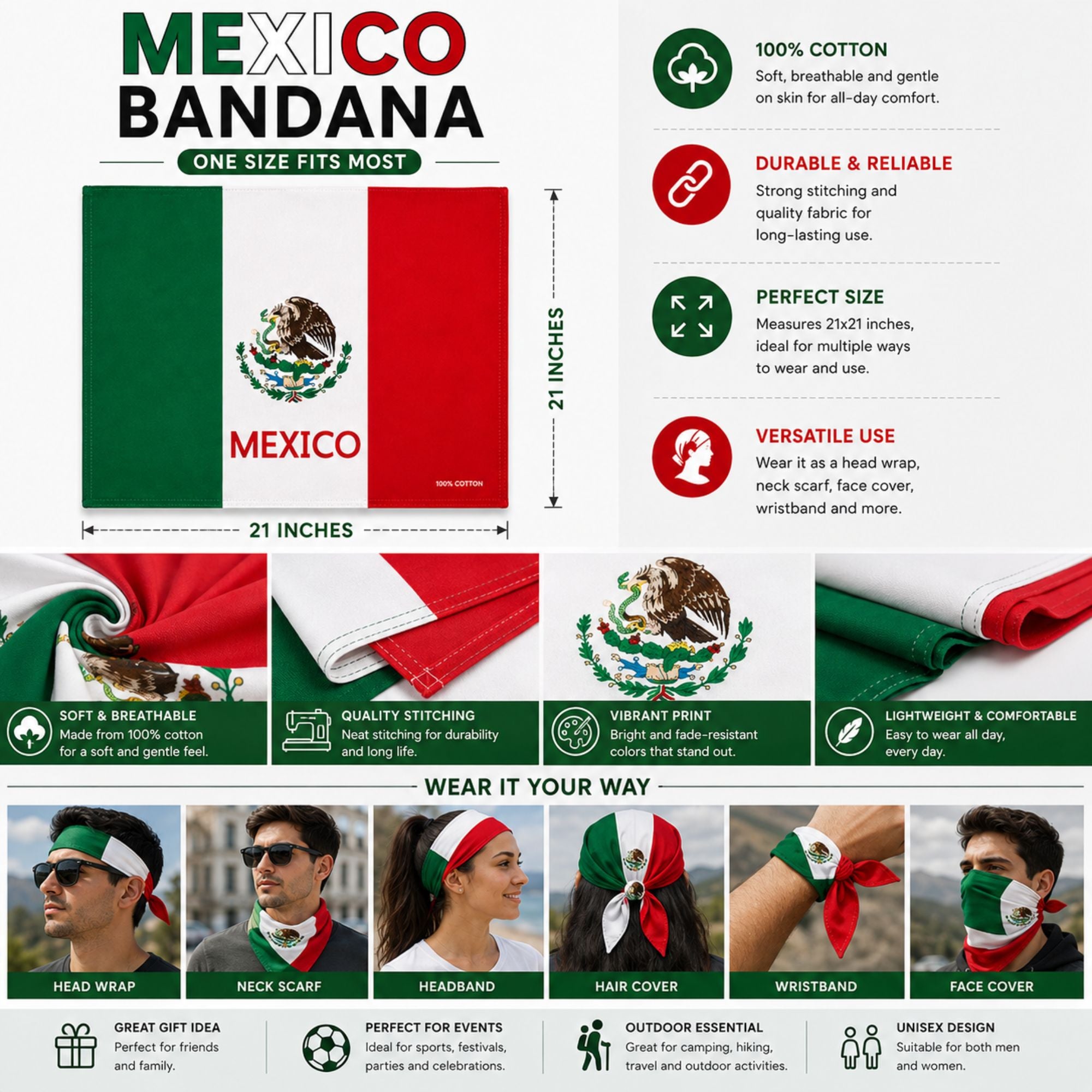 An infographic-style product listing image for a Mexico Bandana. The top section contains large text reading 'MEXICO BANDANA' and 'ONE SIZE FITS MOST,' with dimension callouts showing 21 inches by 21 inches.