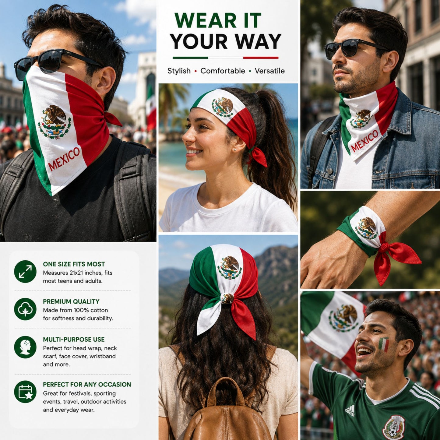 A promotional collage showing several people wearing a Mexico-themed neck gaiter or face cover. The product features the Mexican flag colors and emblem, with 'MEXICO' printed on some pieces.