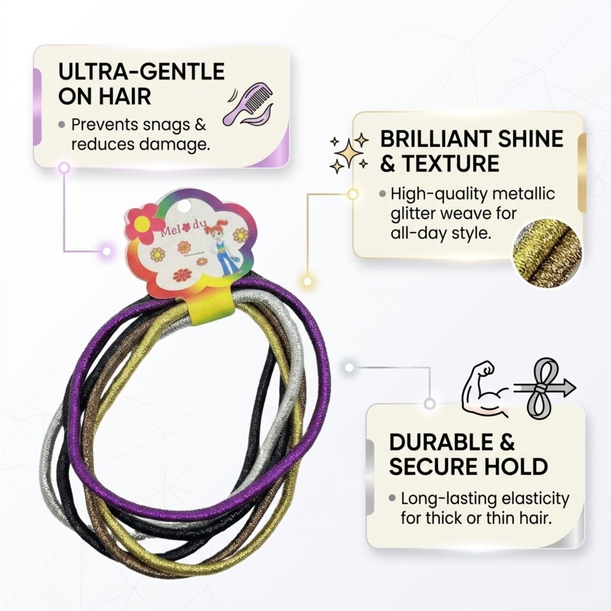 4 Inch Melody Sparkle Metallic Hair Ties (Pack of 6) Ponytail Holders size and feature image