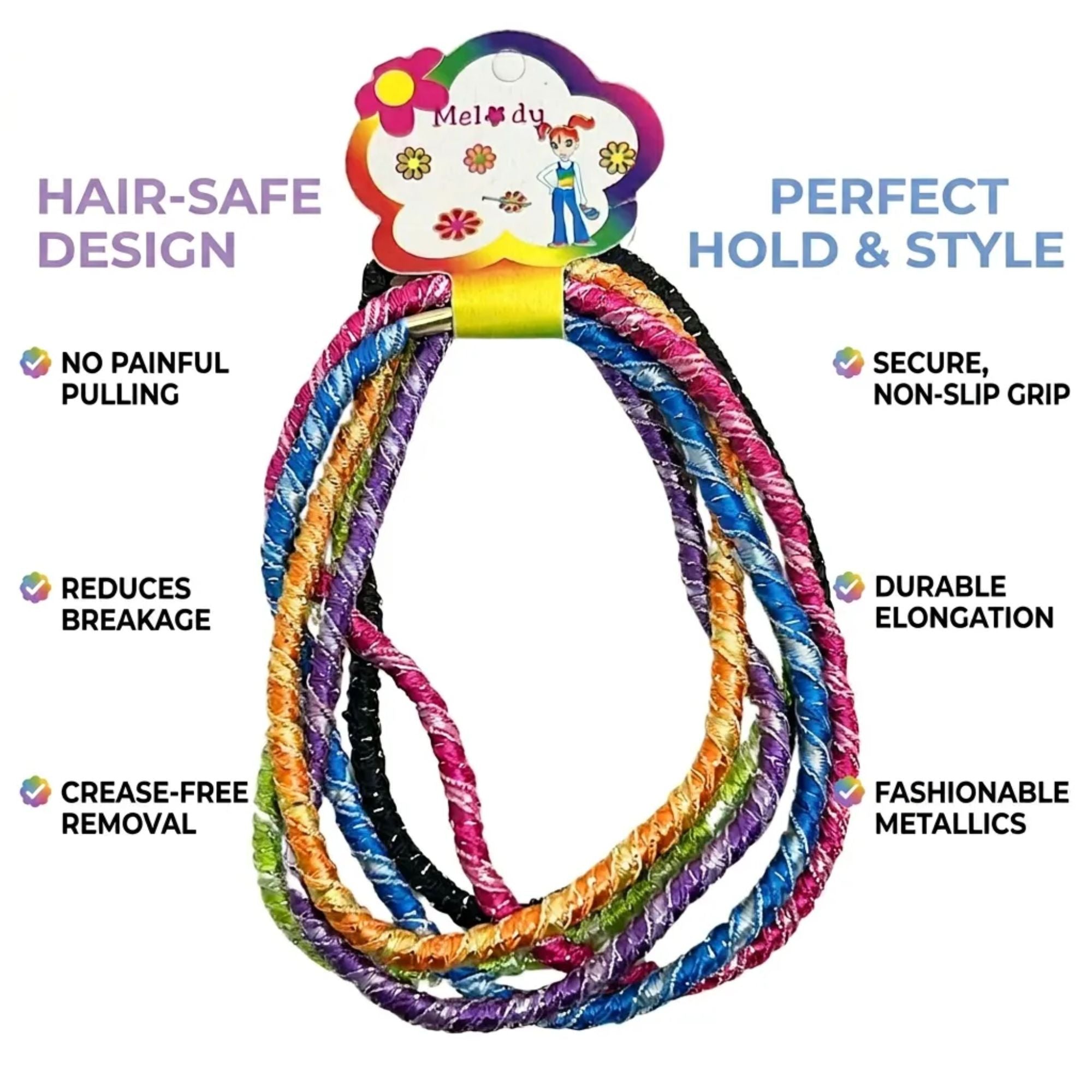 4" Sparkling Metallics Hair Tie Bundle Gentle, Strong 6 Pack Ponytail Holders size and feature image