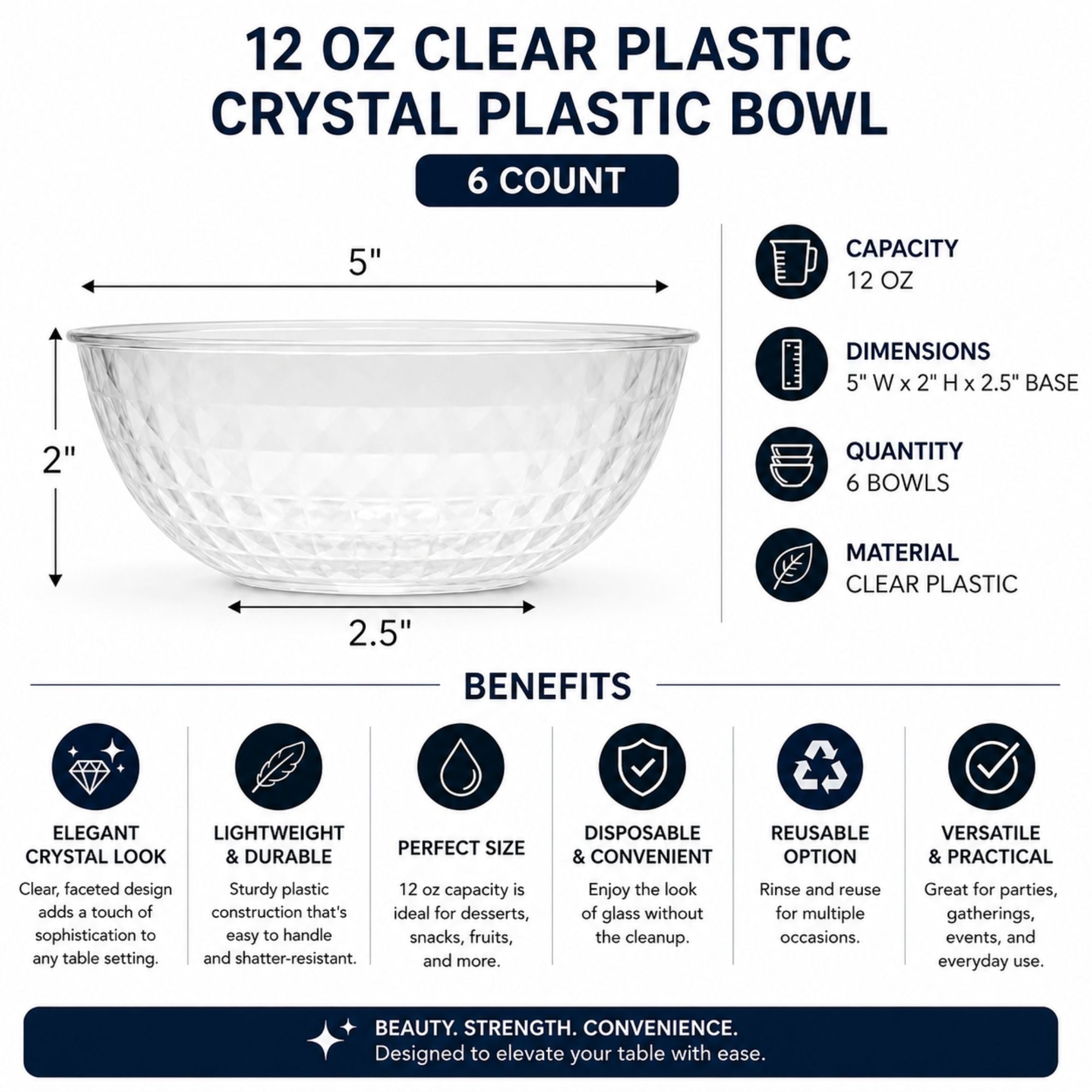 Clear Crystal Plastic Serving Bowls 12 oz Party Bowls 6 Count