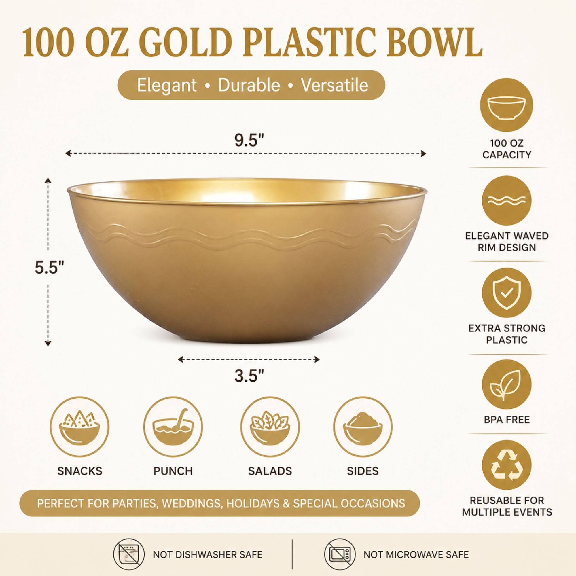 100 oz Large Gold Plastic Serving Bowl for Catering & Parties