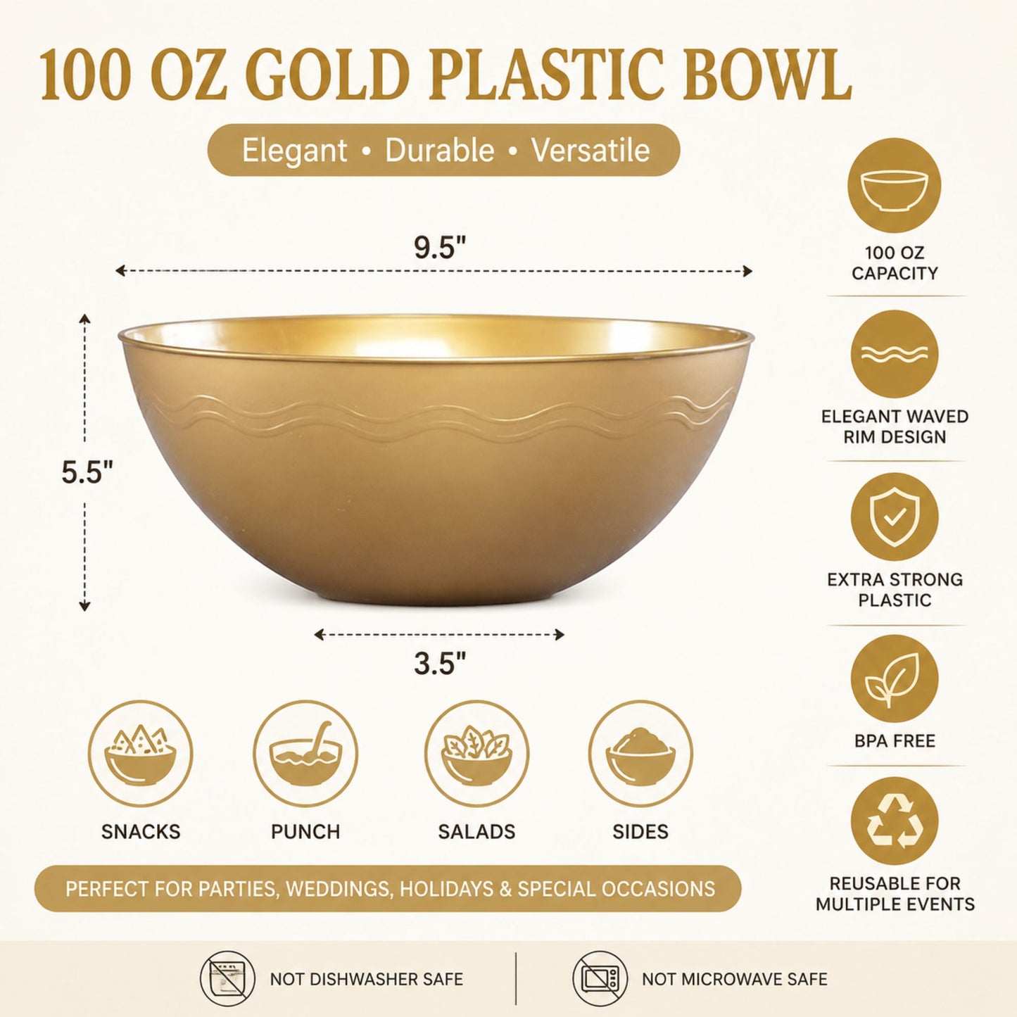 100 oz Large Gold Plastic Serving Bowl for Catering & Parties