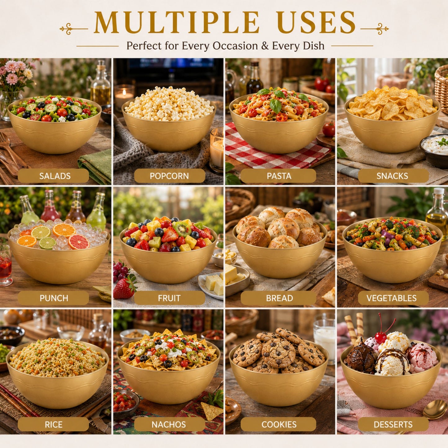 Large Decorative Gold Plastic Serving Bowl 100 oz Party Bowl