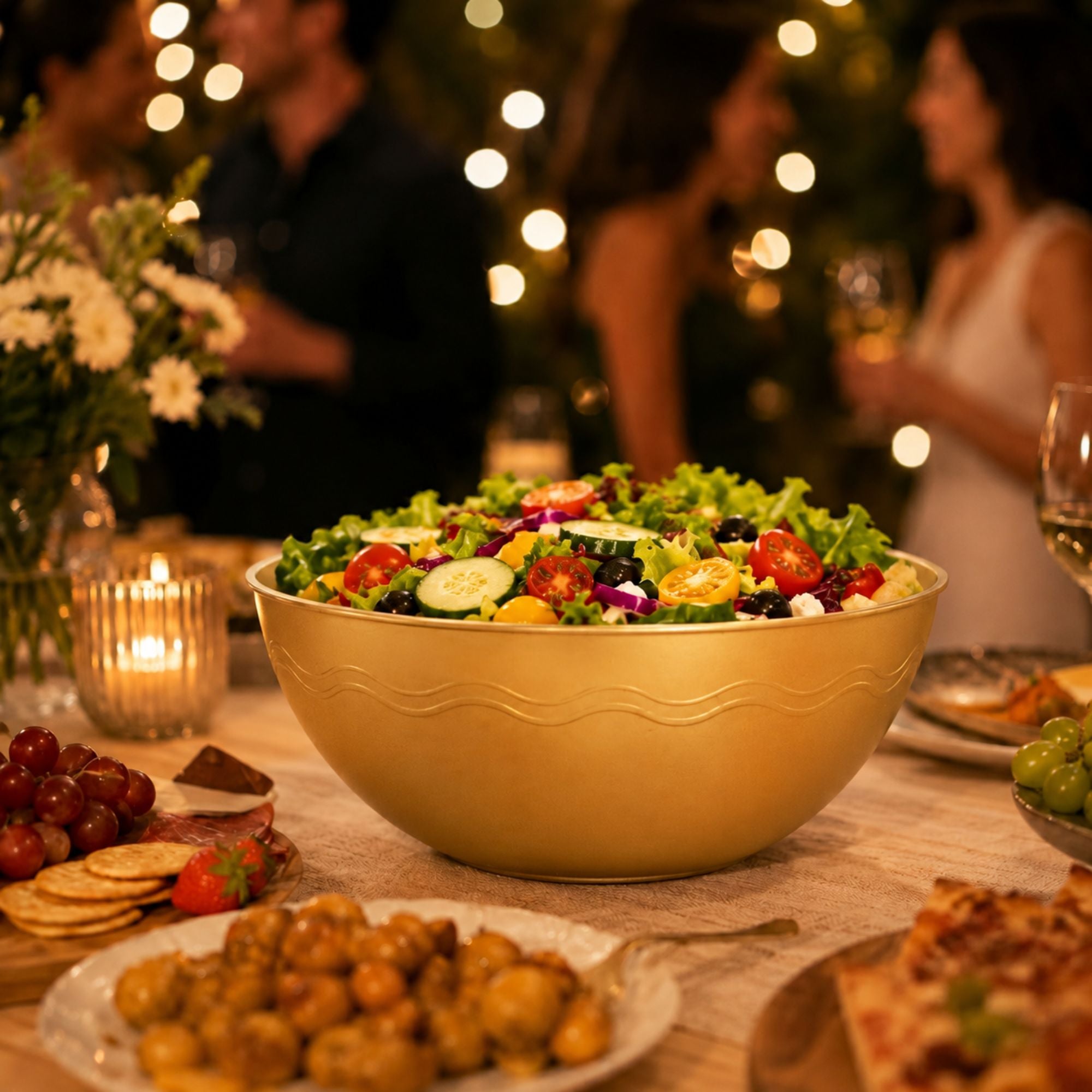 Large Reusable Gold Plastic Serving Bowl 100 oz