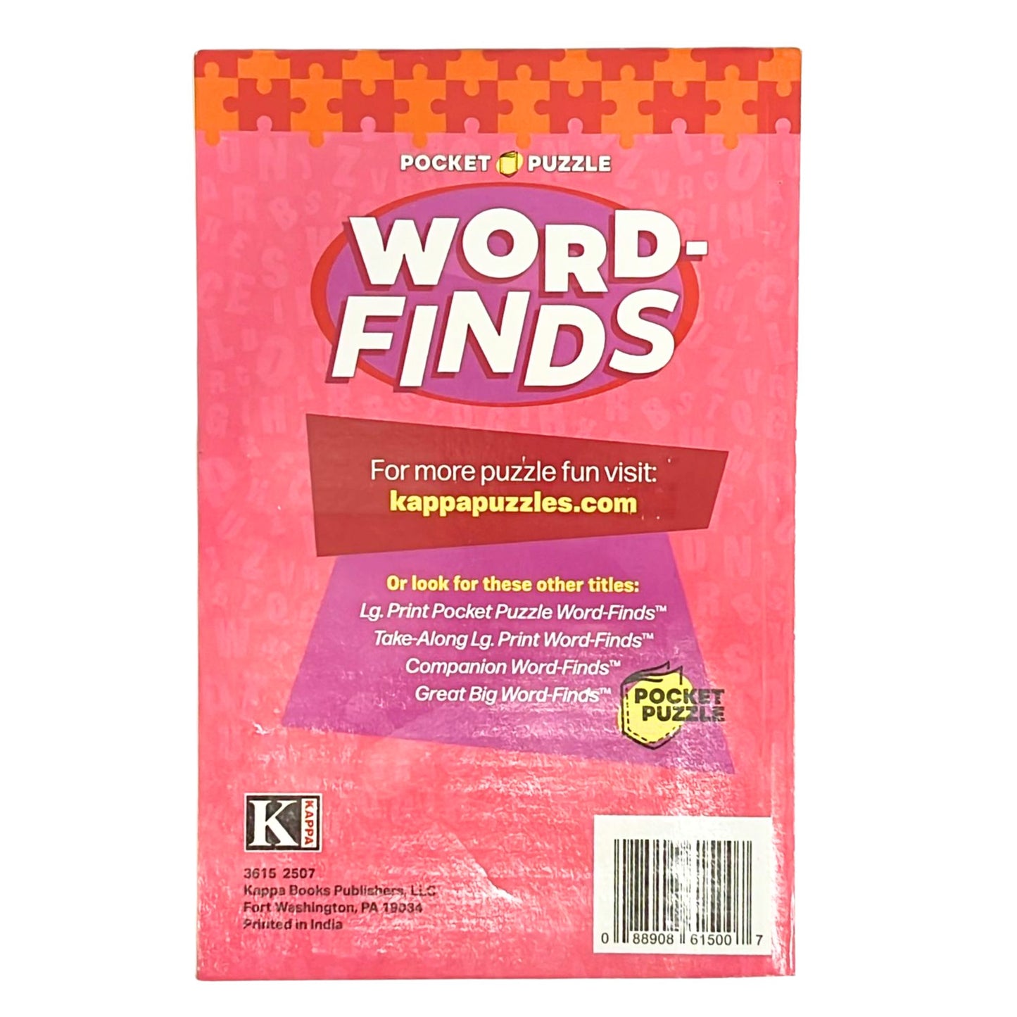 Pink packaging of a word-find puzzle book with Kappa Books branding.