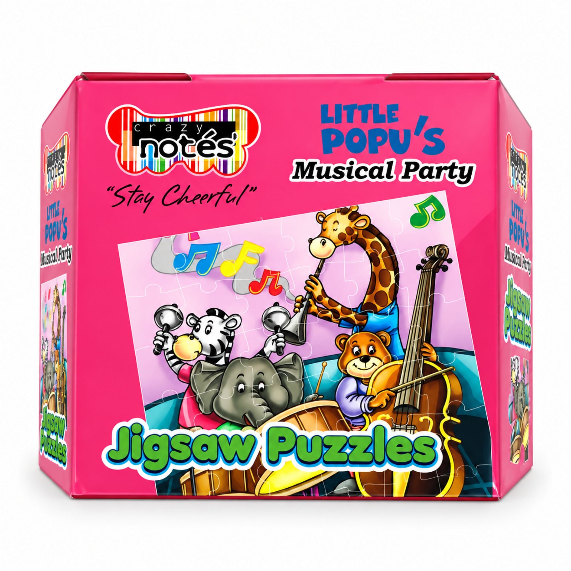 A pink box of Little Popu's Musical Party jigsaw puzzles by Puzzle Notes, featuring colorful cartoon animal illustrations including a giraffe, elephant, zebra, and bear playing musical instruments.